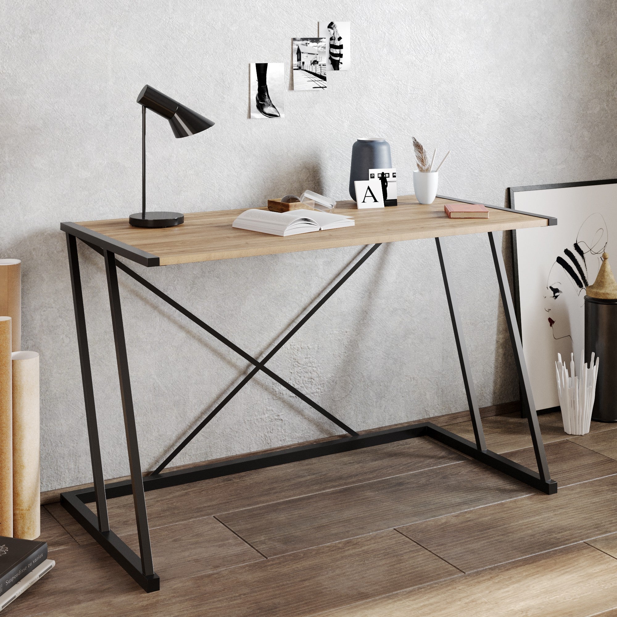 Secretária de Estudo/Escritório Industrial, Nogueira e Preto, 120 x 75 x 60 cm | Painel de Partículas 100% Revestido em Melamina, 18 mm de Espessura, Pernas de Metal Resistente | Perfeita para Espaços de Trabalho Modernos