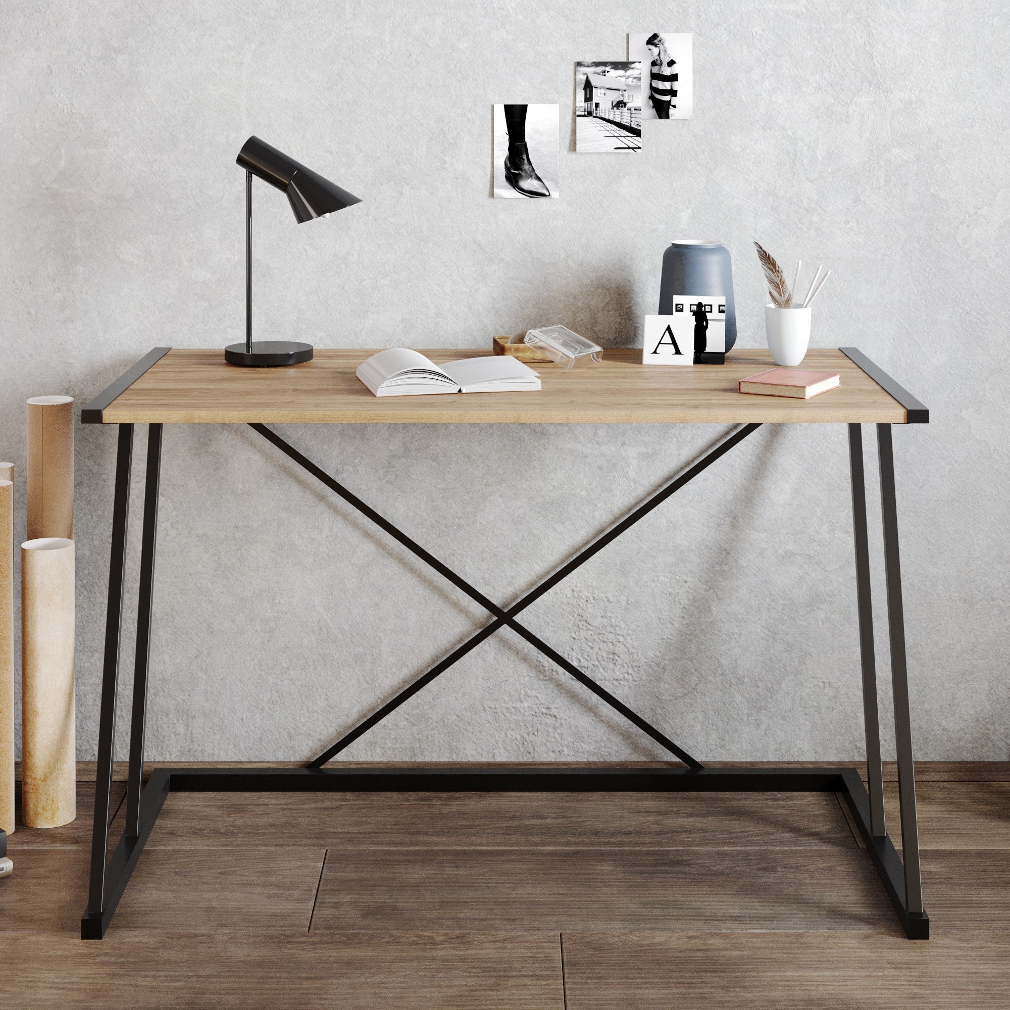 Secretária de Estudo/Escritório Industrial, Nogueira e Preto, 120 x 75 x 60 cm | Painel de Partículas 100% Revestido em Melamina, 18 mm de Espessura, Pernas de Metal Resistente | Perfeita para Espaços de Trabalho Modernos
