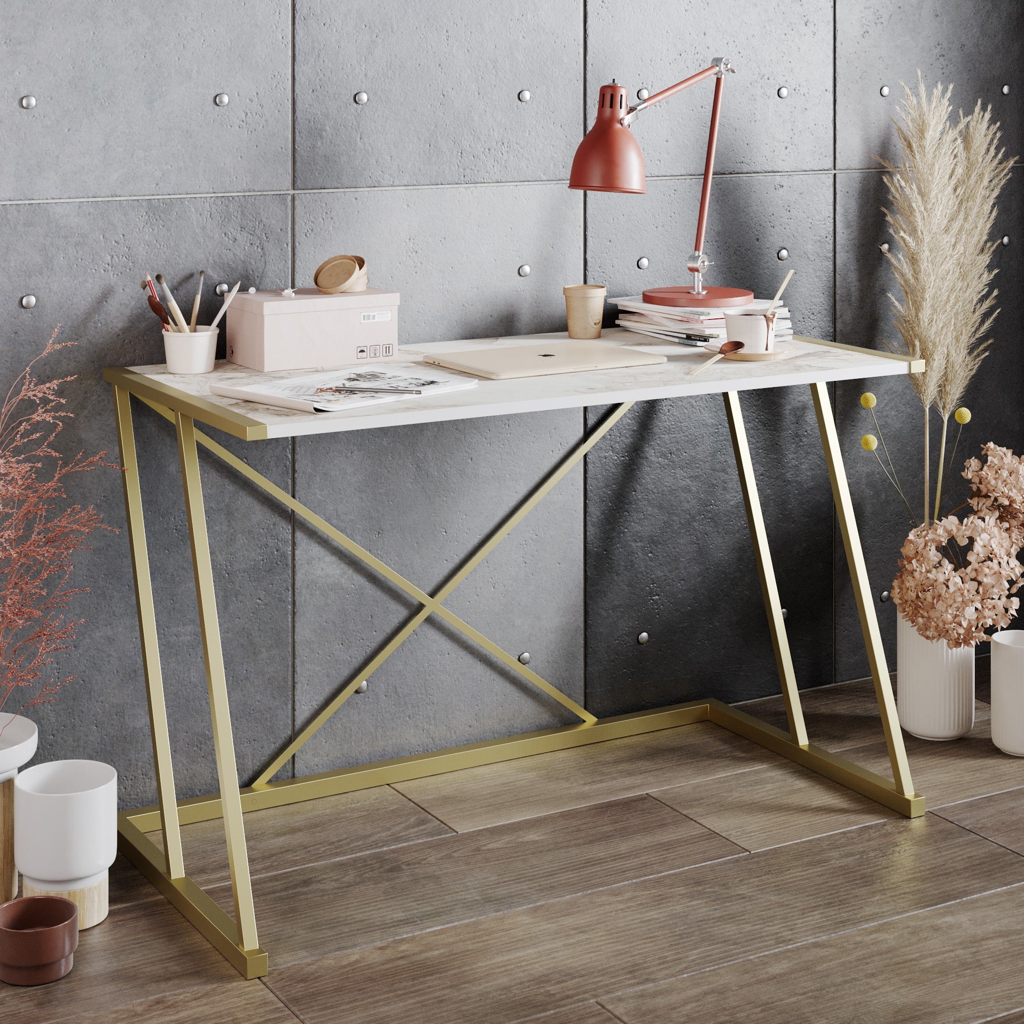 Secretária de Estudo/Escritório Glam, Branca e Dourada, 120 x 75 x 60 cm | Painel de partículas 100% revestido em melamina, 18 mm de espessura, pernas de metal resistentes | Design elegante e funcional para espaços modernos