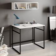 Secretária de Estudo/Escritório Moderna com Prateleira de Parede, Branca e Preta, 90 x 75 x 60 cm | Painel de Partículas 100% Revestido em Melamina, 18 mm de Espessura, Pernas de Metal Resistente | Design Elegante Inspirado em Hotel