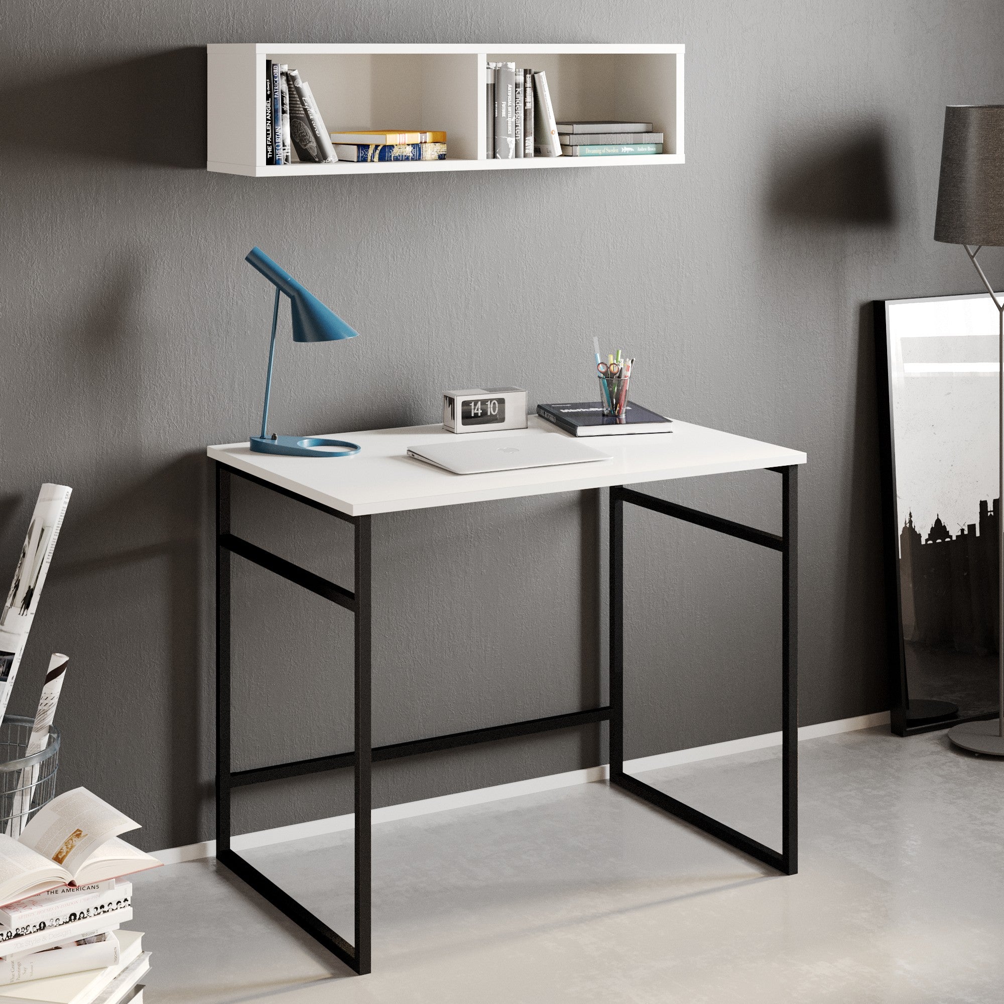 Secretária de Estudo/Escritório Moderna com Prateleira de Parede, Branca e Preta, 90 x 75 x 60 cm | Painel de Partículas 100% Revestido em Melamina, 18 mm de Espessura, Pernas de Metal Resistente | Design Elegante Inspirado em Hotel