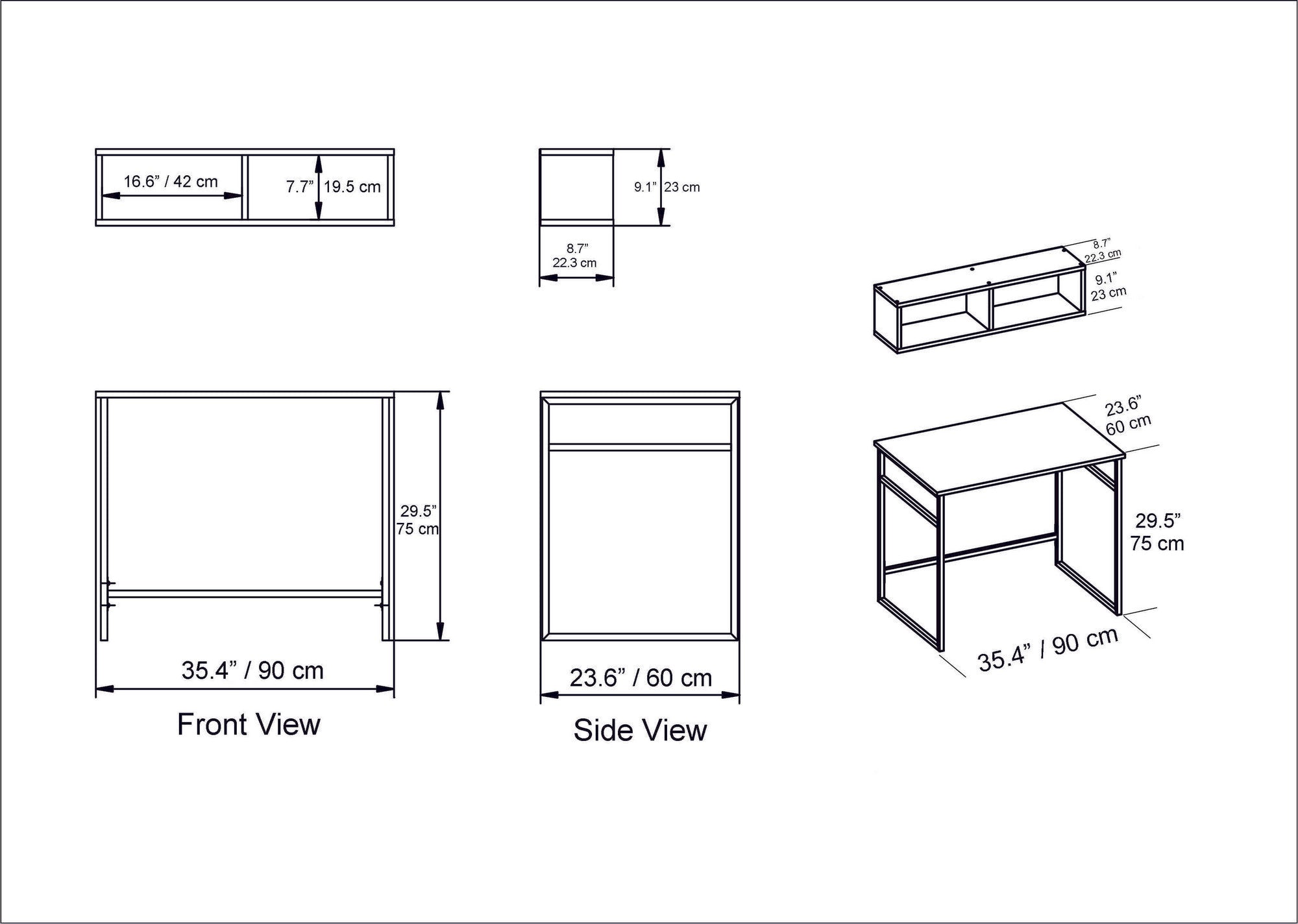 Secretária de Estudo/Escritório Industrial com Prateleira de Parede, Nogueira e Preto, 90 x 75 x 60 cm | Painel de Partículas 100% Revestido em Melamina, Pés de Metal | Elegante e Funcional para Espaços Modernos