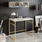 Secretária de Estudo/Escritório Glam com Prateleira de Parede, Branca e Dourada, 90 x 60 x 75 cm | Painel de Partículas 100% Revestido em Melamina, 18 mm de Espessura, Pernas de Metal Resistente | Design Elegante e Funcional para Espaços Modernos
