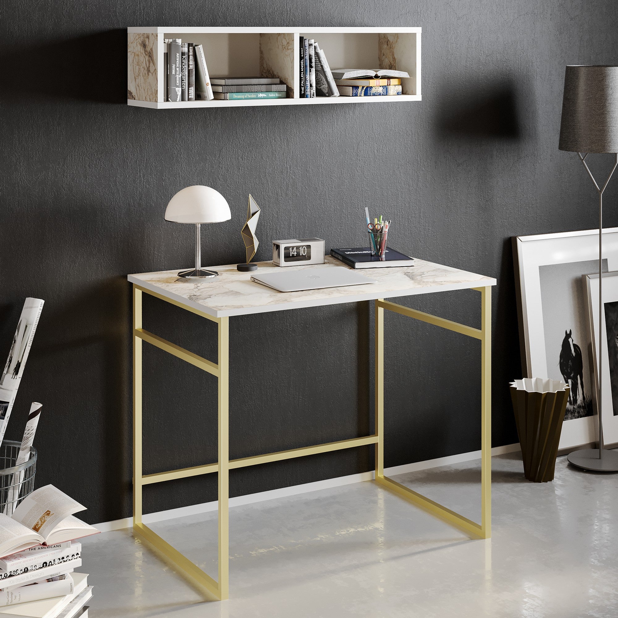 Secretária de Estudo/Escritório Glam com Prateleira de Parede, Branca e Dourada, 90 x 60 x 75 cm | Painel de Partículas 100% Revestido em Melamina, 18 mm de Espessura, Pernas de Metal Resistente | Design Elegante e Funcional para Espaços Modernos
