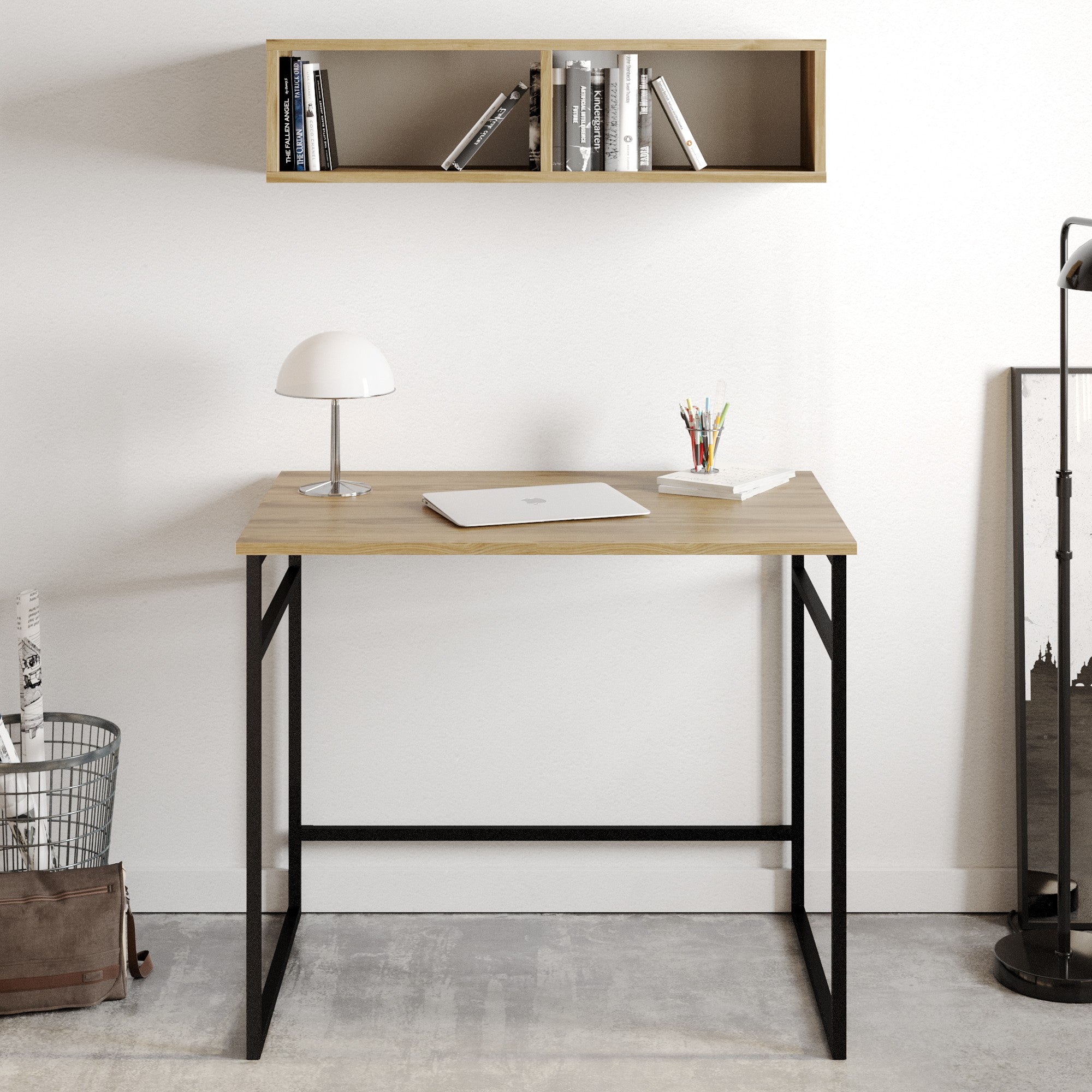 Secretária de Estudo/Escritório Industrial com Prateleira de Parede, Carvalho e Preto, 90 x 60 x 75 cm | Painel de Partículas 100% Revestido em Melamina, 18 mm de Espessura, Pernas de Metal Resistente | Perfeita para Escritórios Domésticos Modernos