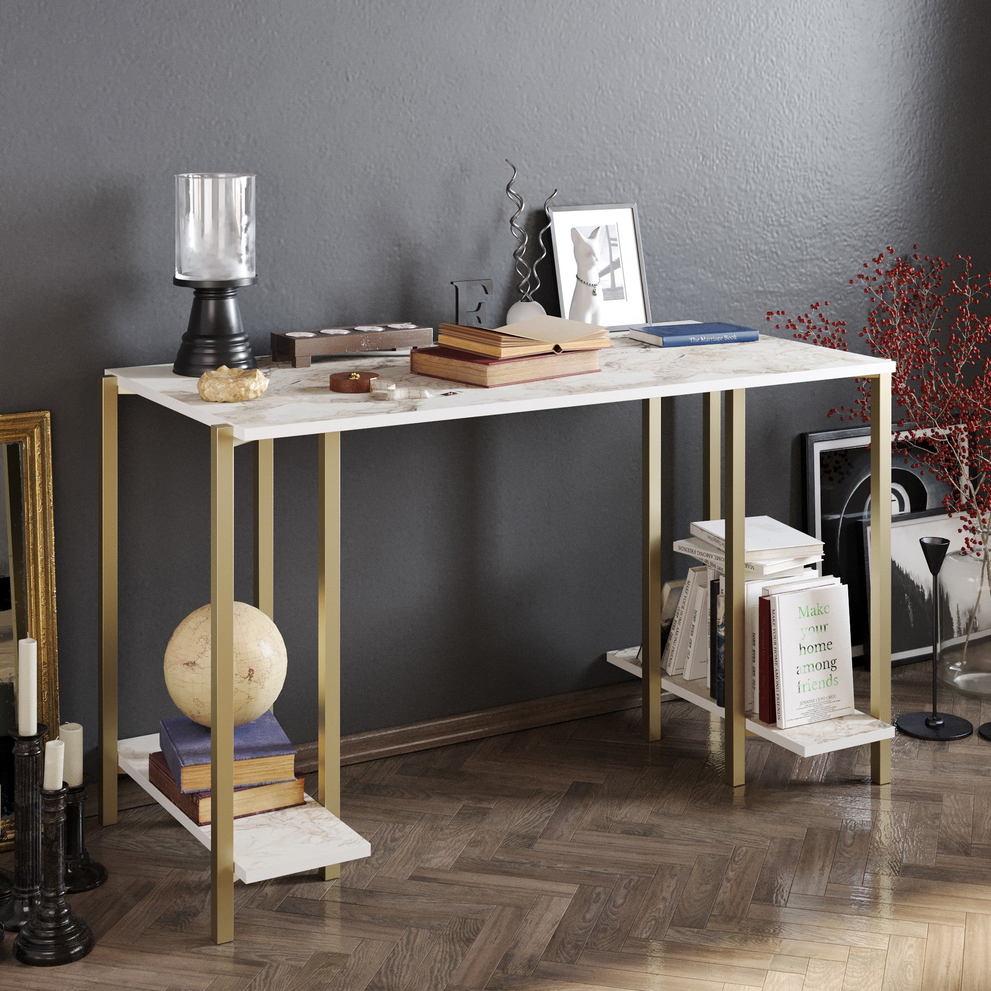 Secretária de Estudo/Escritório Moderna com Pés de Metal, Branco e Dourado, 125 x 60 x 73,8 cm | Painel de Partículas 100% Revestido em Melamina, 18 mm de Espessura | 2 Prateleiras Externas, Design Glamouroso