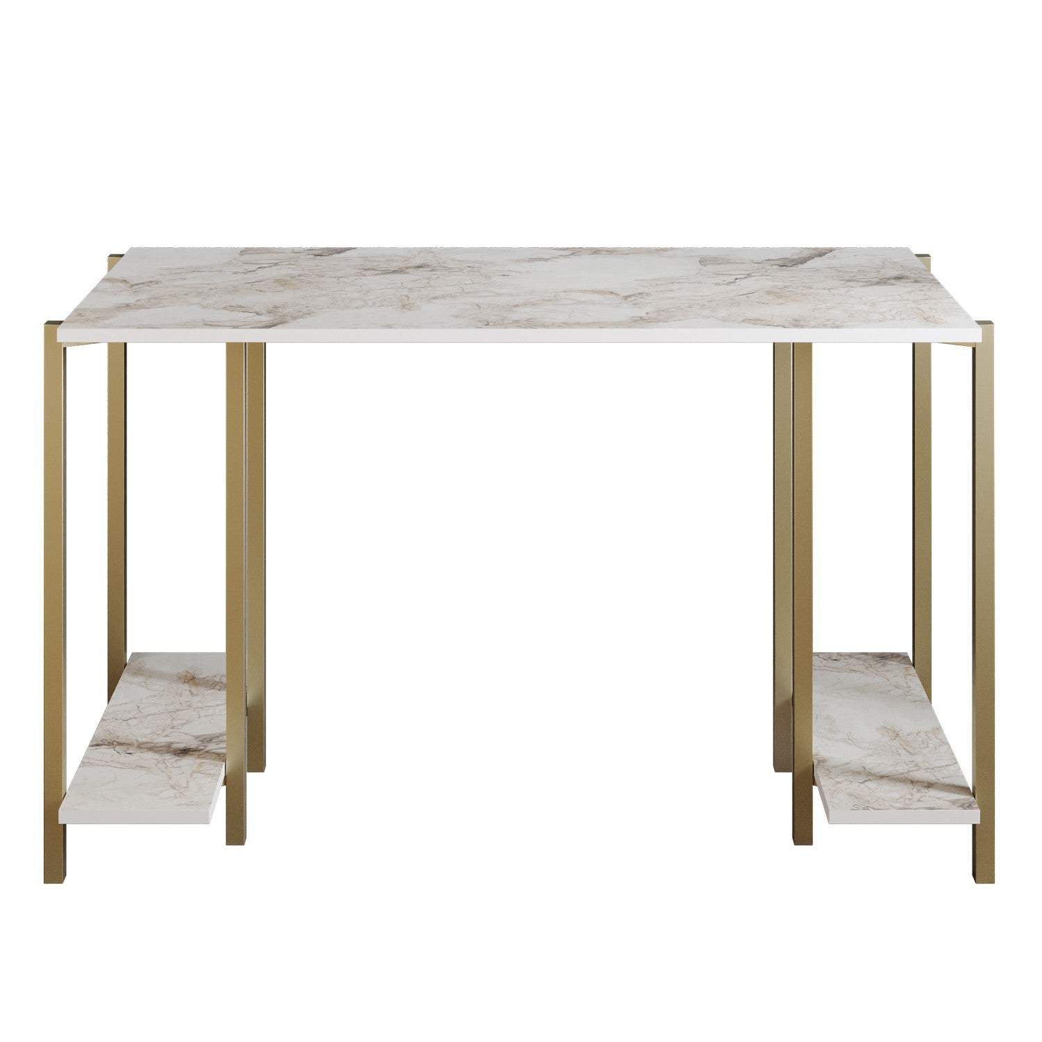 Secretária de Estudo/Escritório Moderna com Pés de Metal, Branco e Dourado, 125 x 60 x 73,8 cm | Painel de Partículas 100% Revestido em Melamina, 18 mm de Espessura | 2 Prateleiras Externas, Design Glamouroso