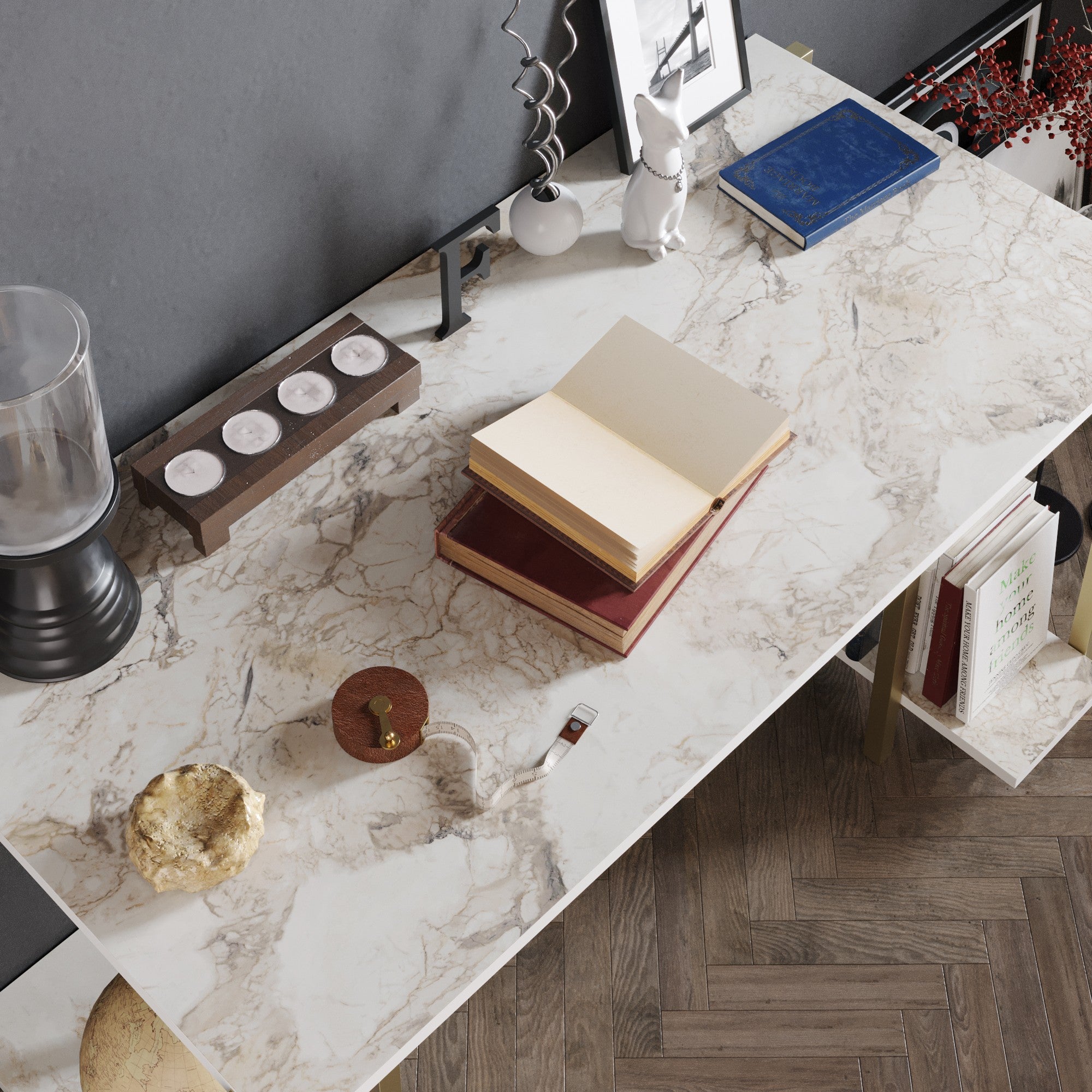 Secretária de Estudo/Escritório Moderna com Pés de Metal, Branco e Dourado, 125 x 60 x 73,8 cm | Painel de Partículas 100% Revestido em Melamina, 18 mm de Espessura | 2 Prateleiras Externas, Design Glamouroso