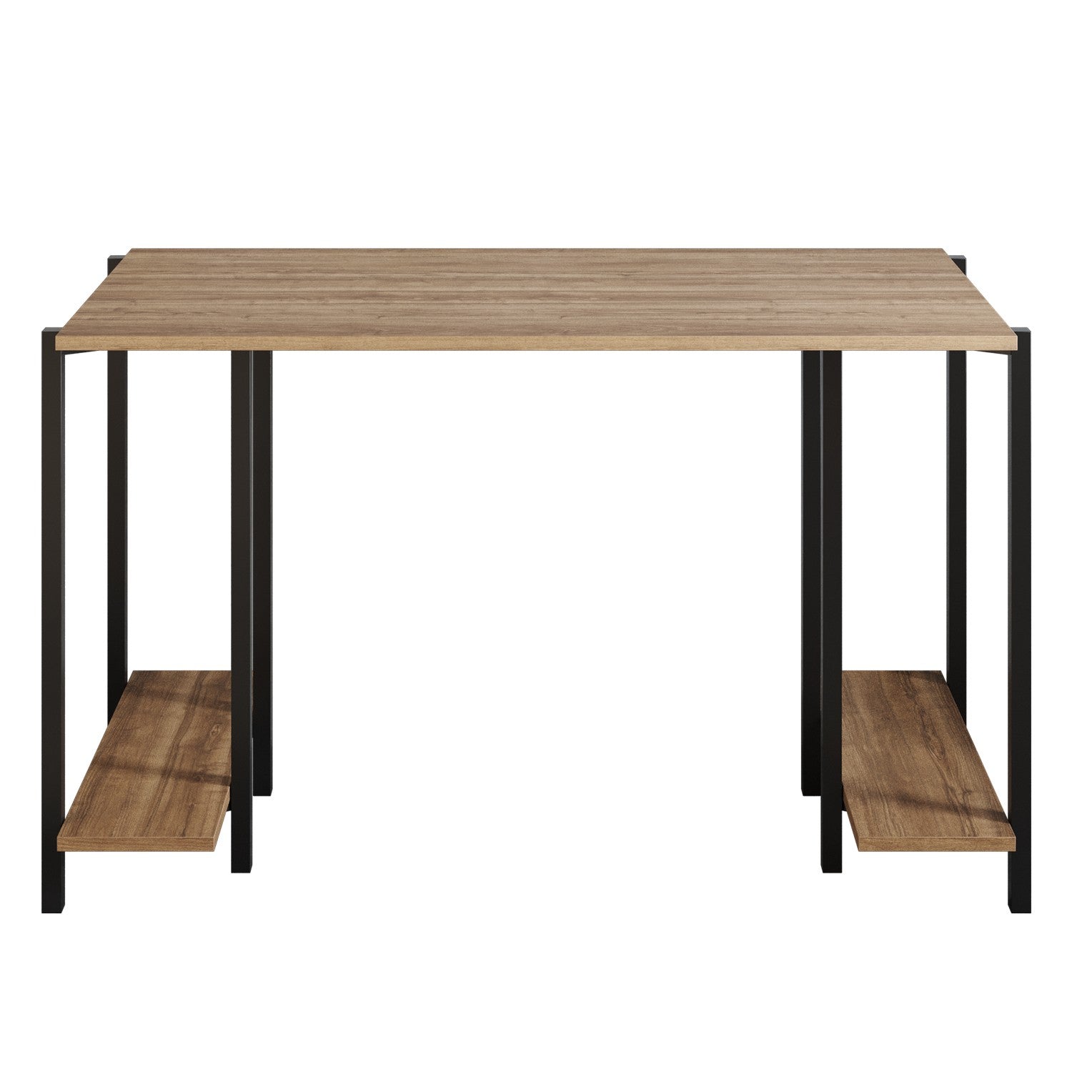 Secretária de Estudo/Escritório industrial com pés de metal, preta e nogueira, 125 x 73,8 x 60 cm | Painel de partículas 100% revestido de melamina, 18 mm de espessura | 2 prateleiras externas