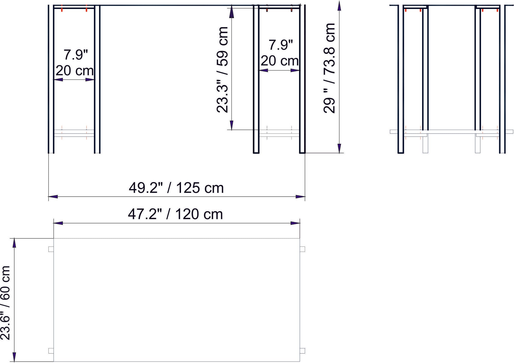 Secretária de Estudo/Escritório industrial com pés de metal, preta e nogueira, 125 x 73,8 x 60 cm | Painel de partículas 100% revestido de melamina, 18 mm de espessura | 2 prateleiras externas
