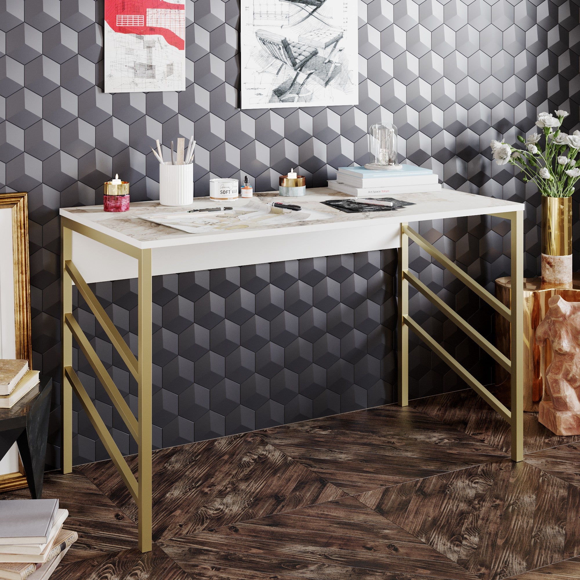 Secretária de Estudo/Escritório Moderna com Pés de Metal, Dourado e Branco, 120 x 75 x 60 cm | Painel de Partículas 100% Revestido em Melamina, 18 mm de Espessura | Design Elegante e Glamouroso para Escritório em Casa