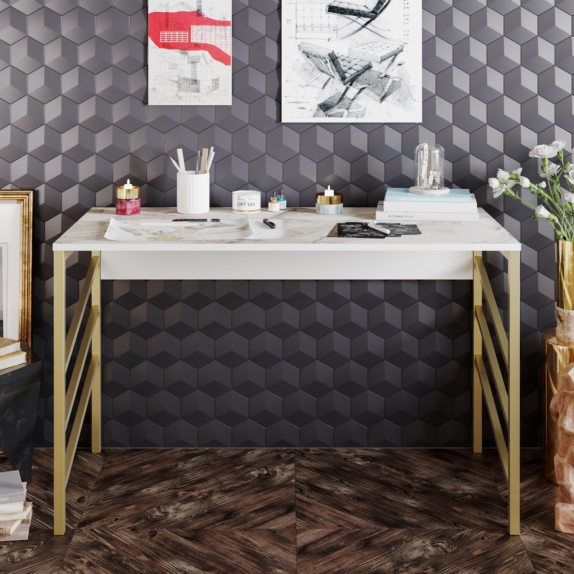 Secretária de Estudo/Escritório Moderna com Pés de Metal, Dourado e Branco, 120 x 75 x 60 cm | Painel de Partículas 100% Revestido em Melamina, 18 mm de Espessura | Design Elegante e Glamouroso para Escritório em Casa