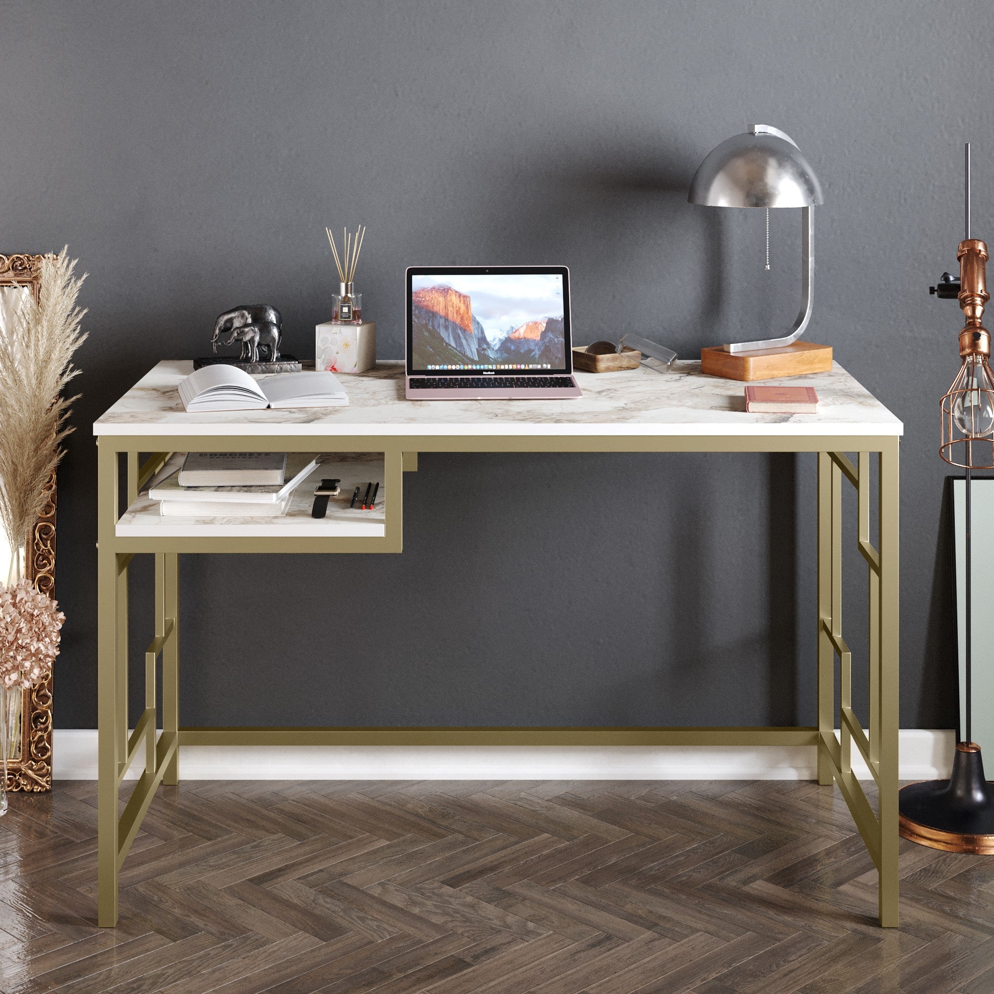 Secretária de Estudo/Escritório Moderna com Pés de Metal, Dourado e Branco, 120 x 75 x 60 cm | Painel de Partículas 100% Revestido em Melamina, 18 mm de Espessura | Design Elegante e Glamouroso para Escritório em Casa
