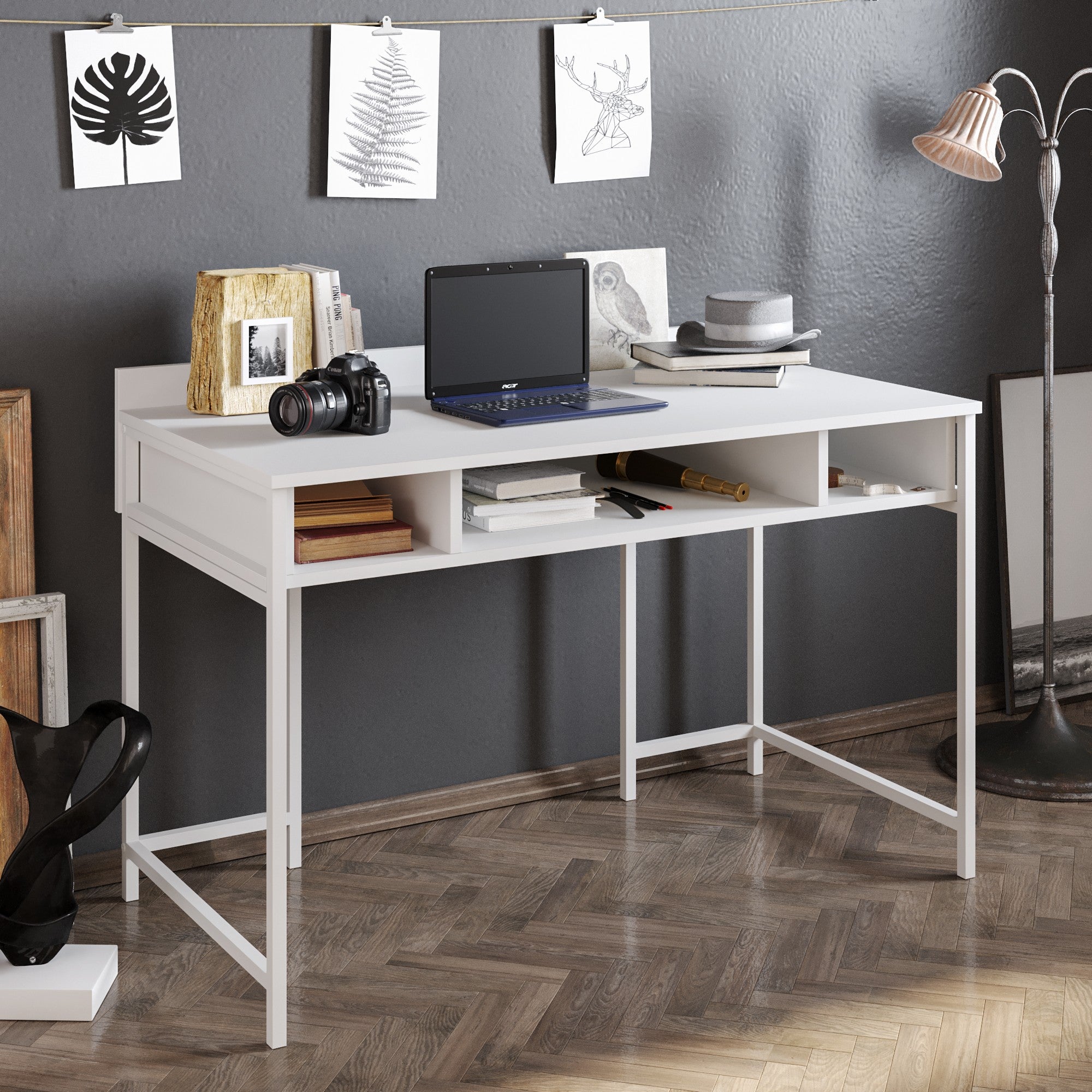 Secretária de Estudo/Escritório Escandinava, Branca, 119,5 x 65,2 x 62 cm | Painel de Partículas 100% Revestido em Melamina, 18 mm | Pés de Metal, Armazenamento Adicional, Elegante e Funcional