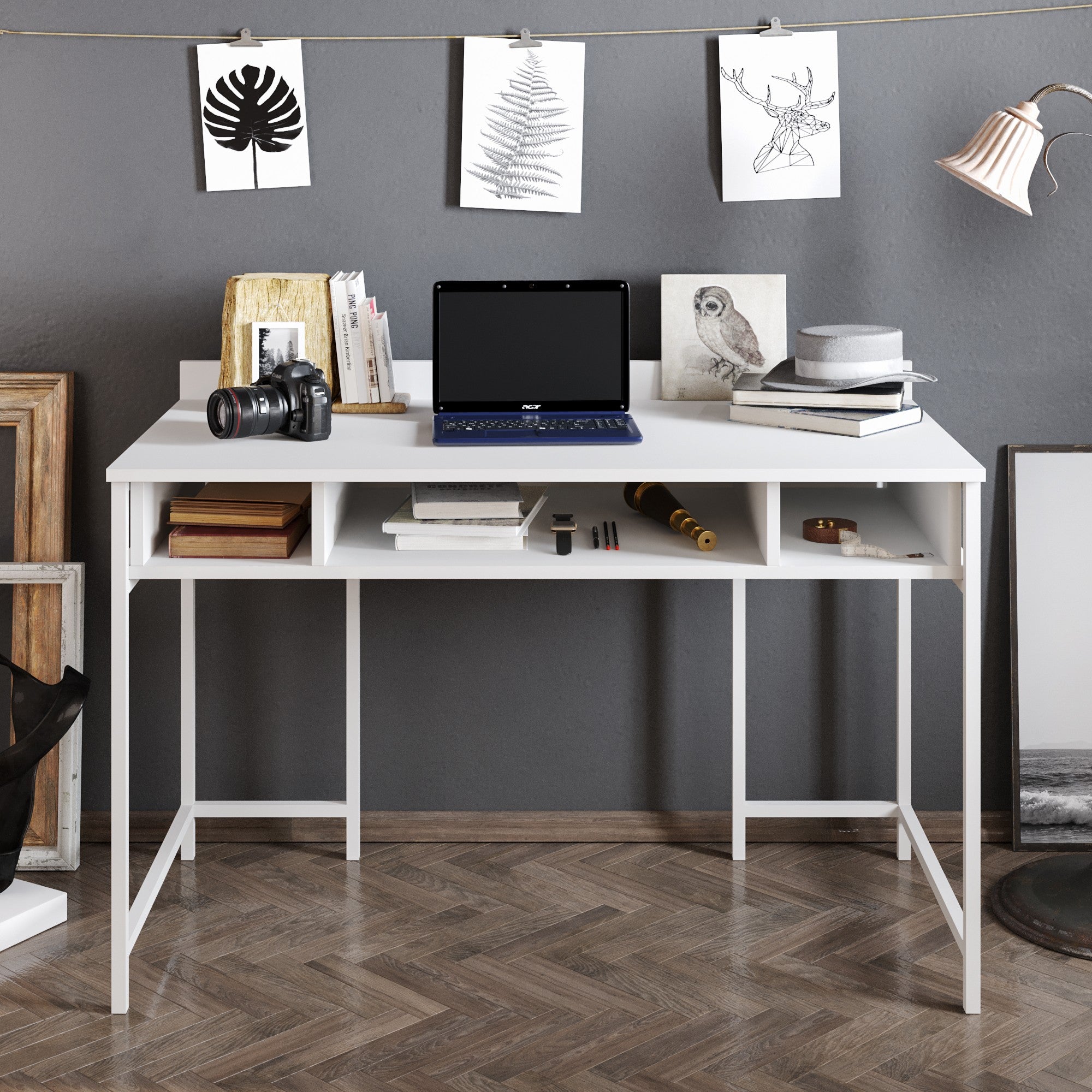 Secretária de Estudo/Escritório Escandinava, Branca, 119,5 x 65,2 x 62 cm | Painel de Partículas 100% Revestido em Melamina, 18 mm | Pés de Metal, Armazenamento Adicional, Elegante e Funcional