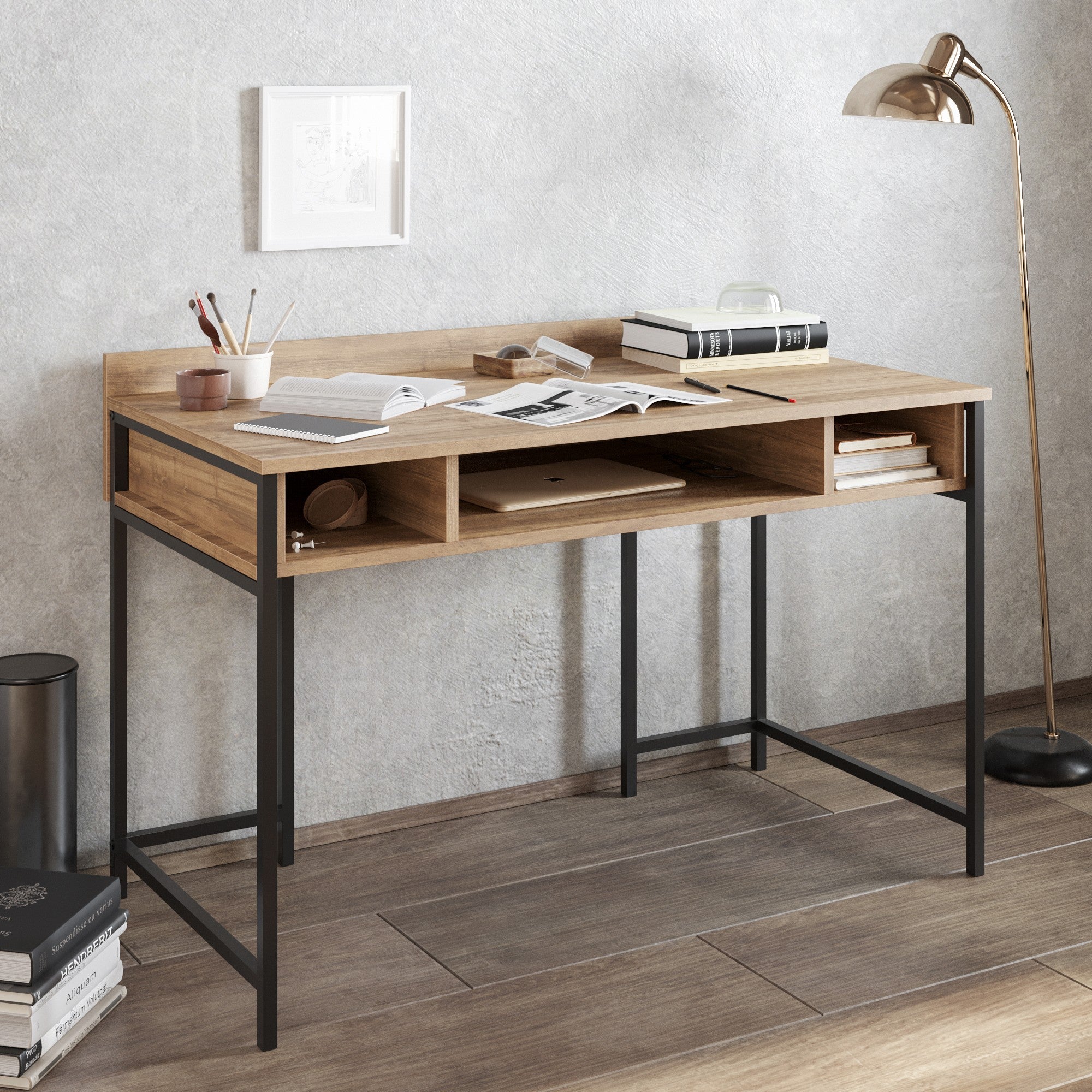 Secretária de Estudo/Escritório industrial com pés de metal, preta e nogueira, 119,5 x 65,2 x 62 cm | 100% revestida em melamina, 18 mm de espessura | Elegante e funcional com armazenamento extra