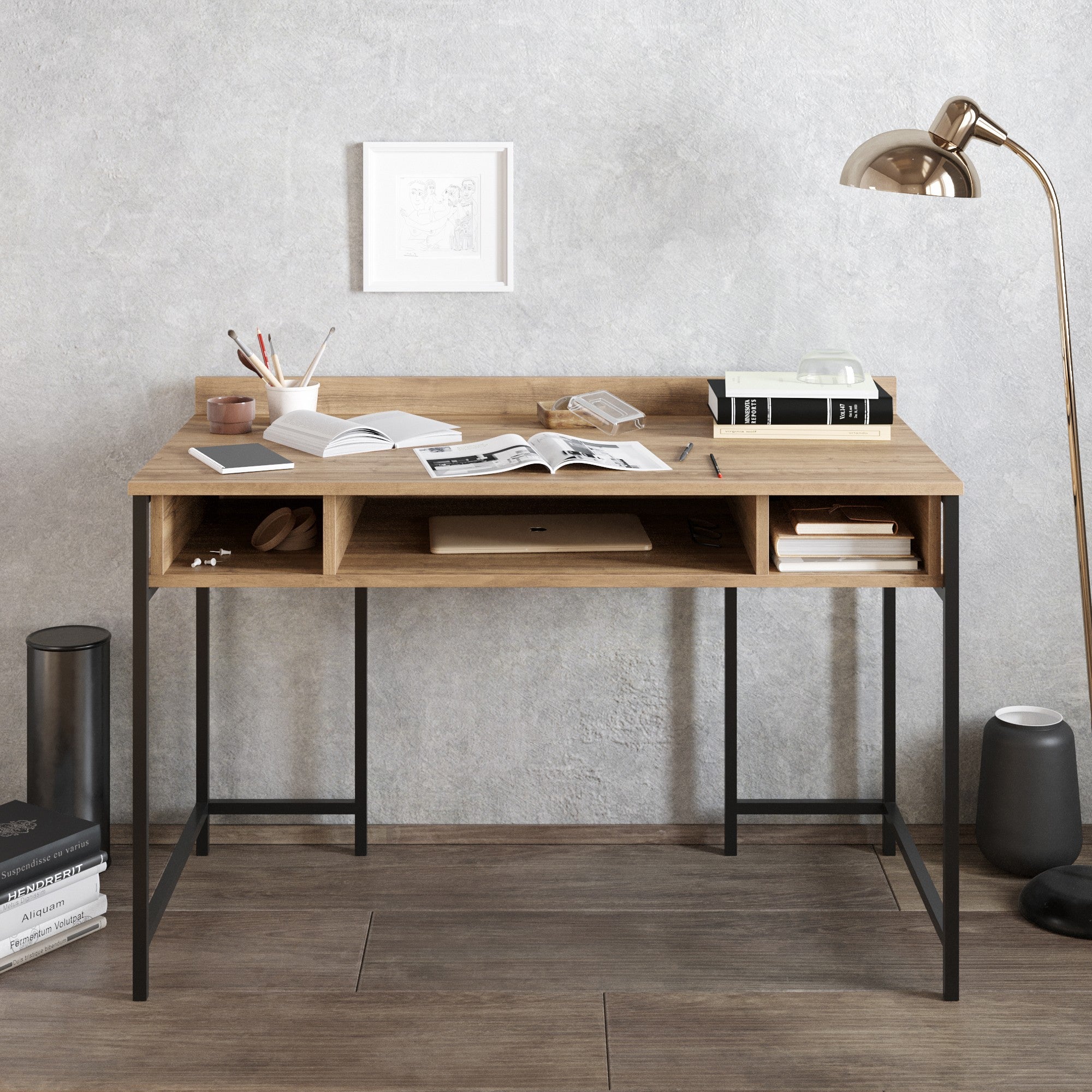 Secretária de Estudo/Escritório industrial com pés de metal, preta e nogueira, 119,5 x 65,2 x 62 cm | 100% revestida em melamina, 18 mm de espessura | Elegante e funcional com armazenamento extra