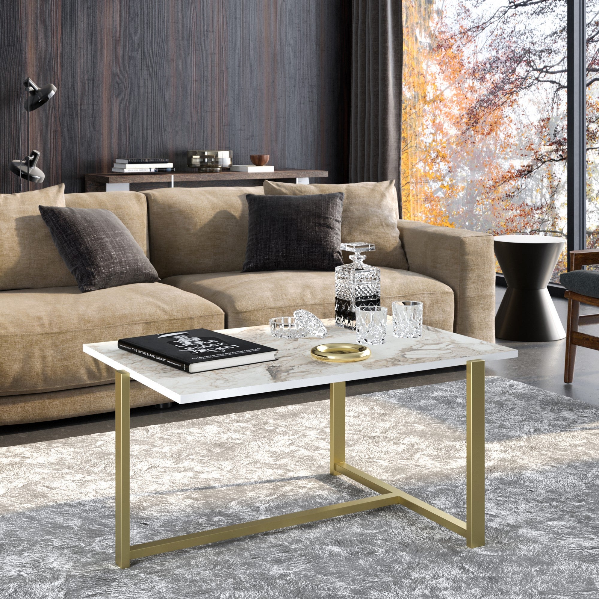 Mesa de Centro Glamourosa, Dourado e Branco, 92 x 64 x 45 cm | Painel de partículas 100% revestido em melamina, 18 mm de espessura, pernas de metal resistentes | Design elegante para espaços modernos