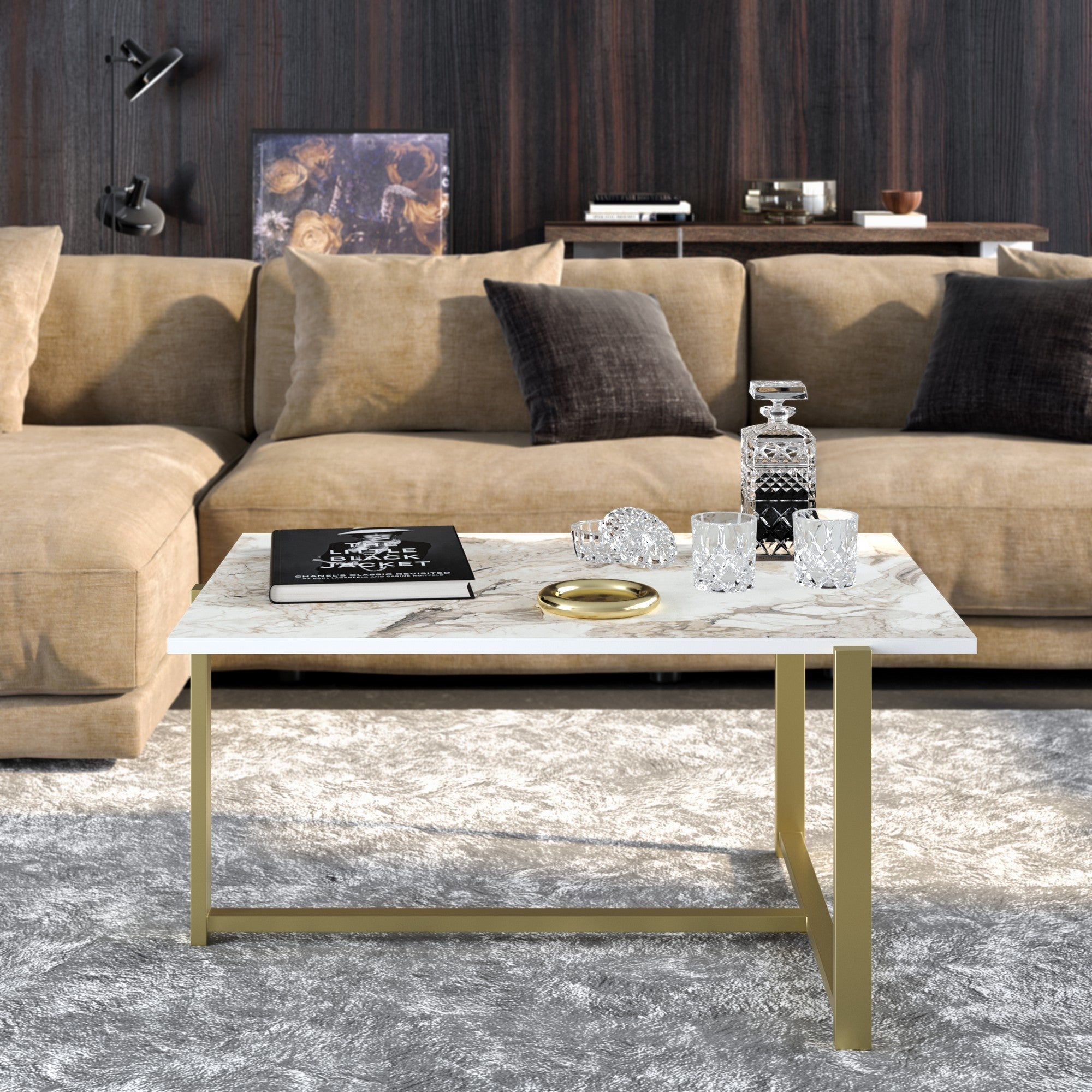 Mesa de Centro Glamourosa, Dourado e Branco, 92 x 64 x 45 cm | Painel de partículas 100% revestido em melamina, 18 mm de espessura, pernas de metal resistentes | Design elegante para espaços modernos