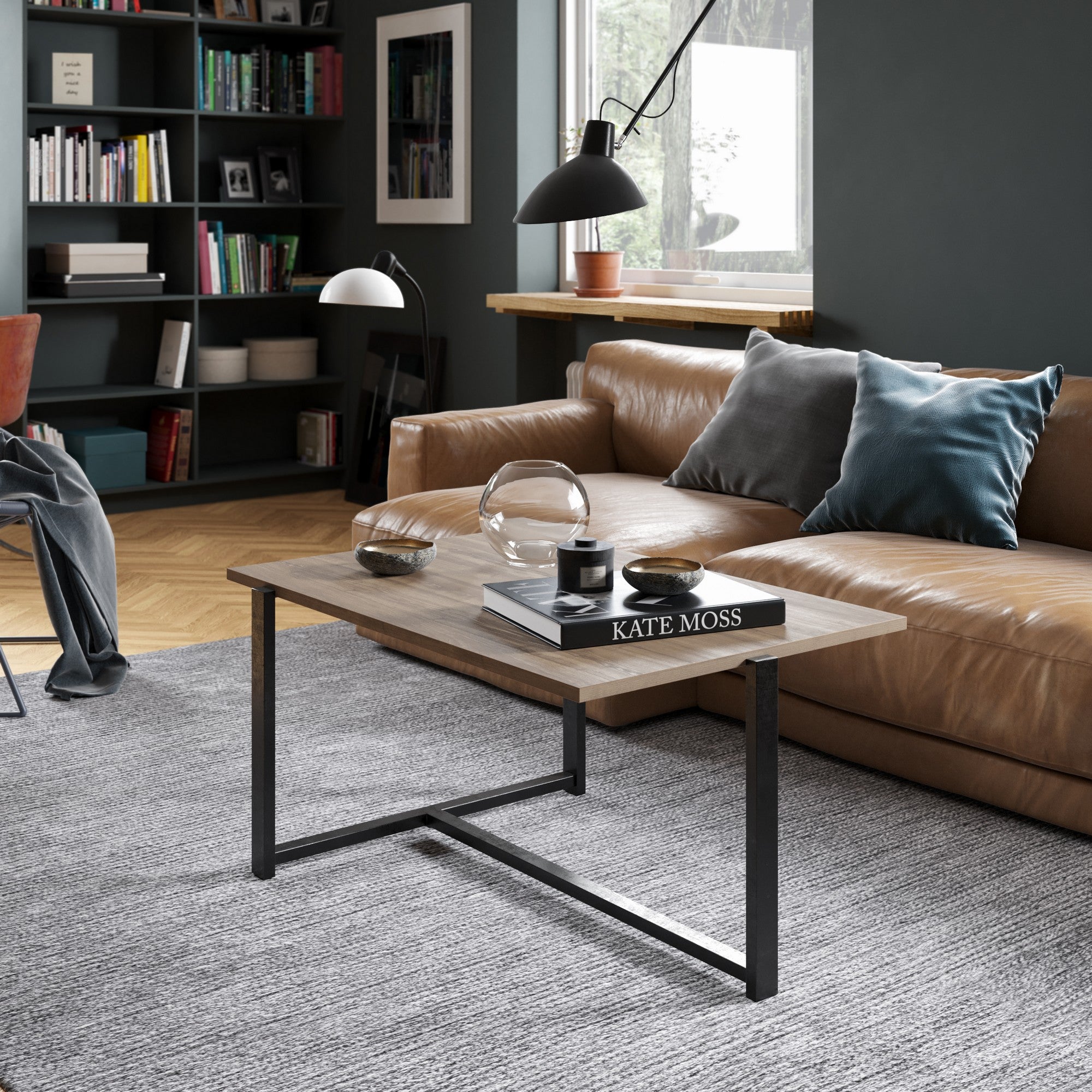 Mesa de Centro Industrial, Nogueira e Preto, 92 x 64 x 45 cm | Painel de Partículas 100% Revestido em Melamina, 18 mm de Espessura, Pernas de Metal Resistente | Design Elegante e Funcional
