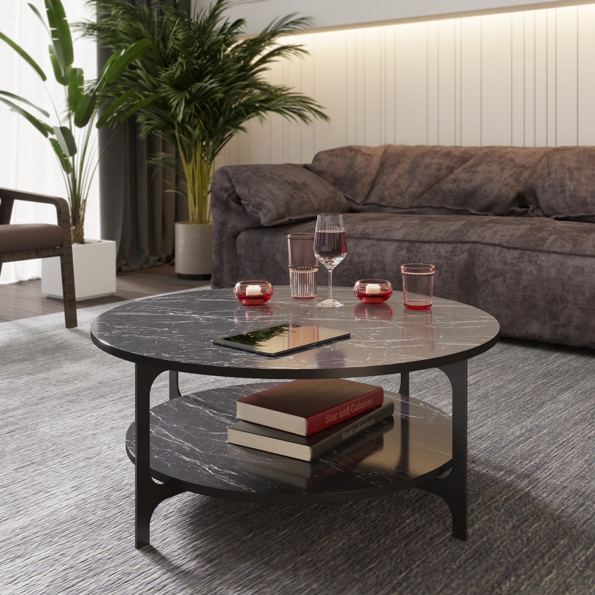 Mesa de Centro Moderna com Design em Mármore, Preta, 90 x 36,8 x 90 cm | Painel de Partículas 100% Revestido em Melamina, Pés de Metal, 18 mm de Espessura | Decoração Industrial Elegante para Casa
