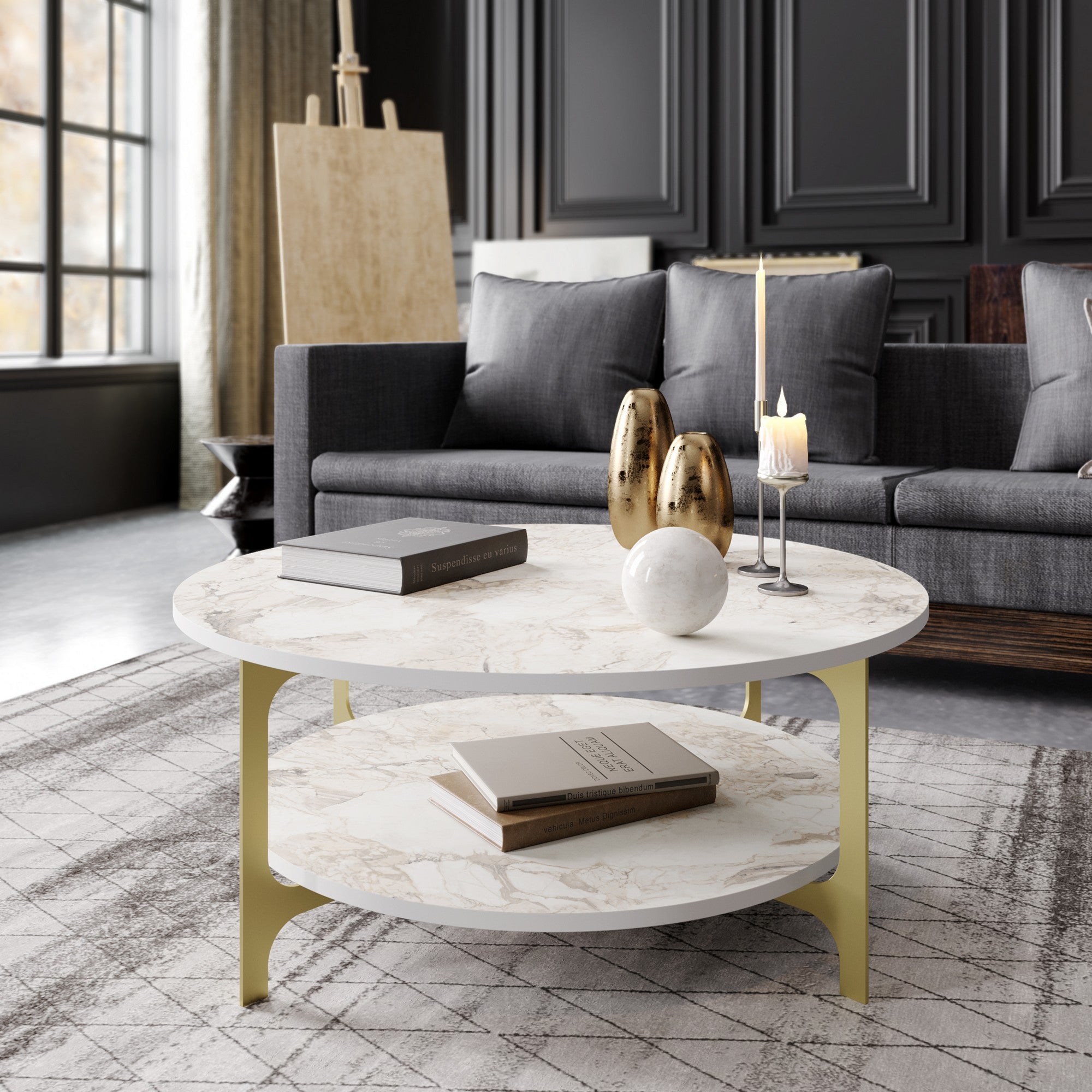 Mesa de Centro Moderna com Design em Mármore, Dourado e Branco, 90 x 36,8 x 90 cm | Painel de Partículas 100% Revestido em Melamina, Pés de Metal, Elegante e Glamourosa