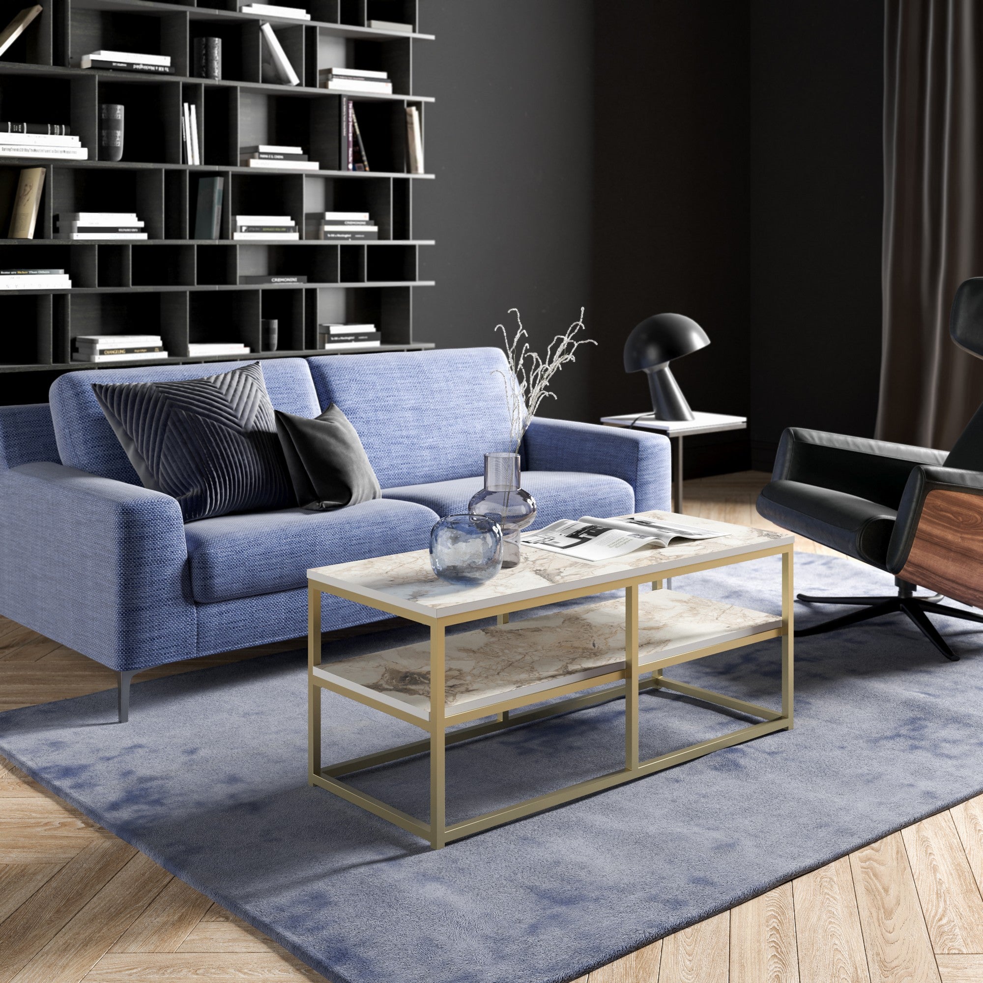 Mesa de Centro Moderna Glamour, Dourada e Branca, 110,4 x 52 x 47 cm | Painel de partículas 100% revestido em melamina, 18 mm de espessura, pernas de metal resistentes | Design elegante e funcional