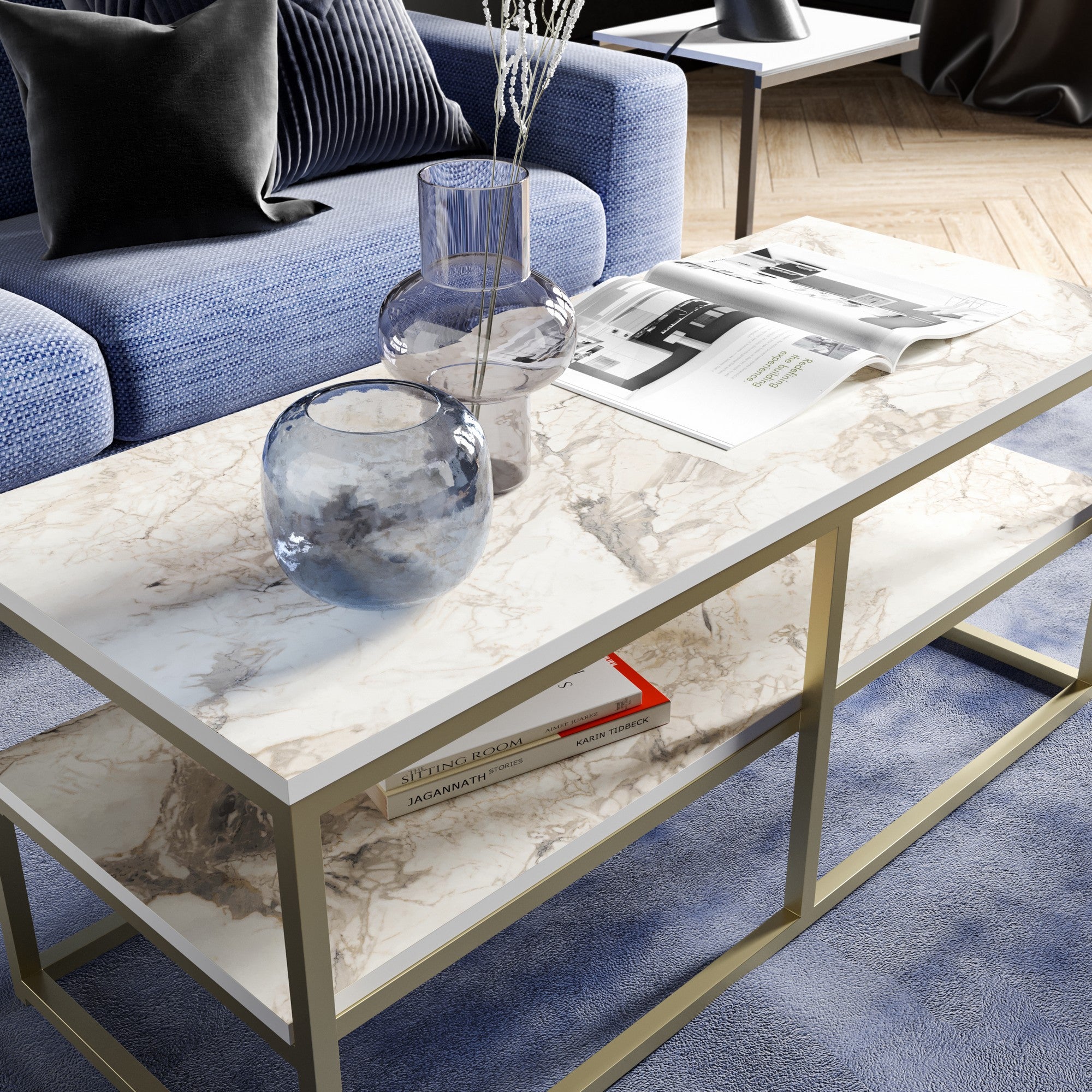 Mesa de Centro Moderna Glamour, Dourada e Branca, 110,4 x 52 x 47 cm | Painel de partículas 100% revestido em melamina, 18 mm de espessura, pernas de metal resistentes | Design elegante e funcional