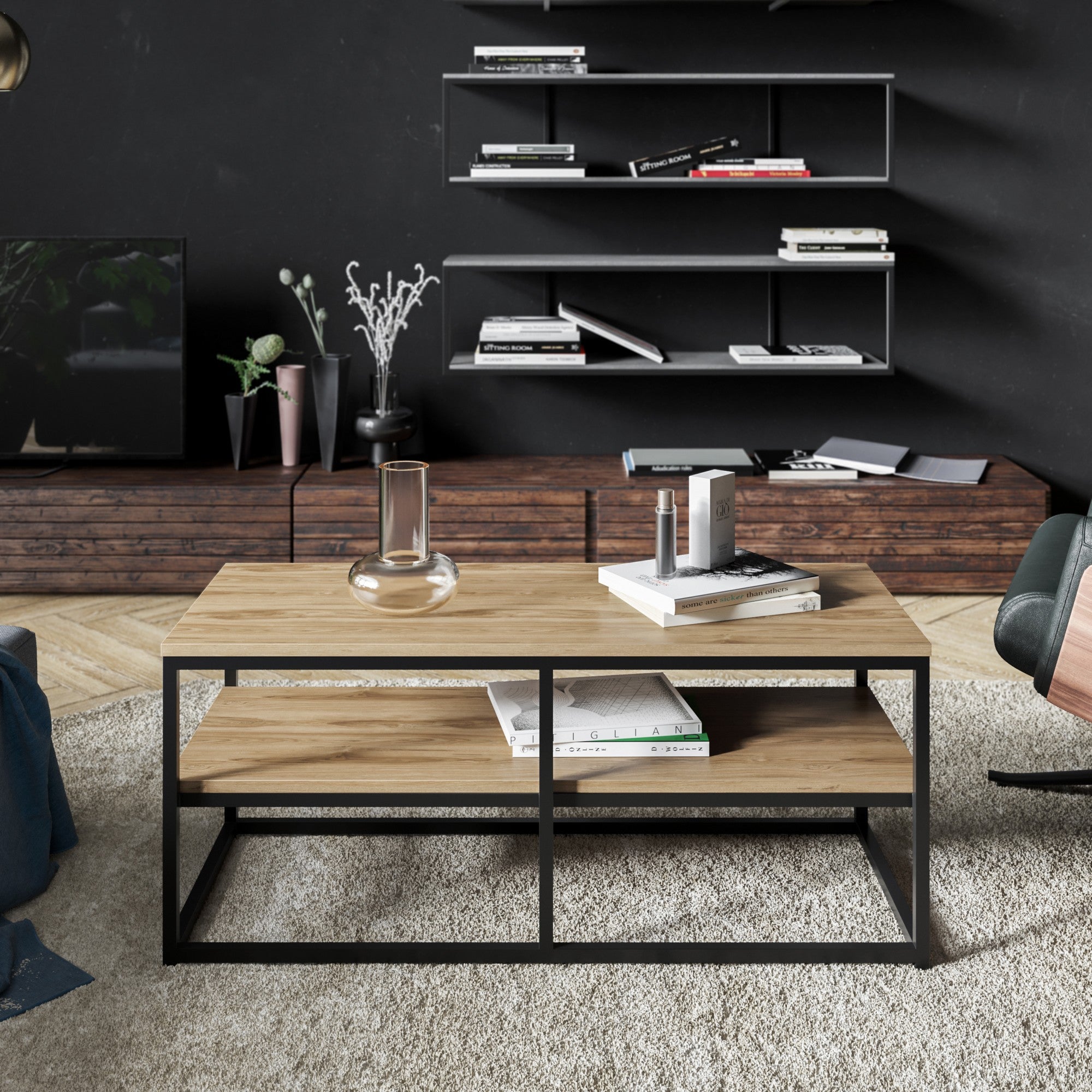 Mesa de Centro Industrial, Nogueira e Preto, 110,4 x 52 x 47 cm | Painel de Partículas 100% Revestido em Melamina, 18 mm de Espessura, Pernas de Metal Resistente | Design Elegante e Funcional