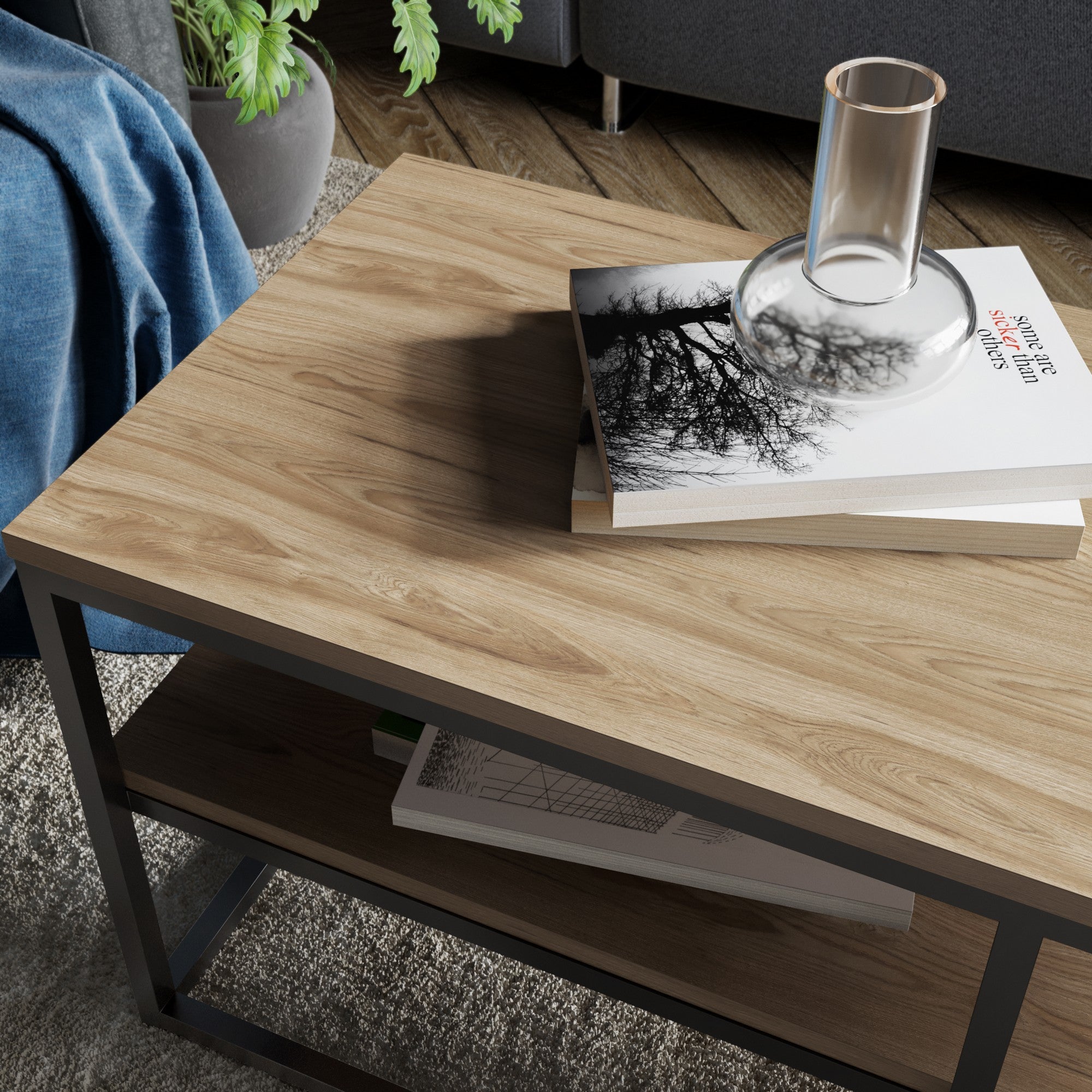 Mesa de Centro Industrial, Nogueira e Preto, 110,4 x 52 x 47 cm | Painel de Partículas 100% Revestido em Melamina, 18 mm de Espessura, Pernas de Metal Resistente | Design Elegante e Funcional