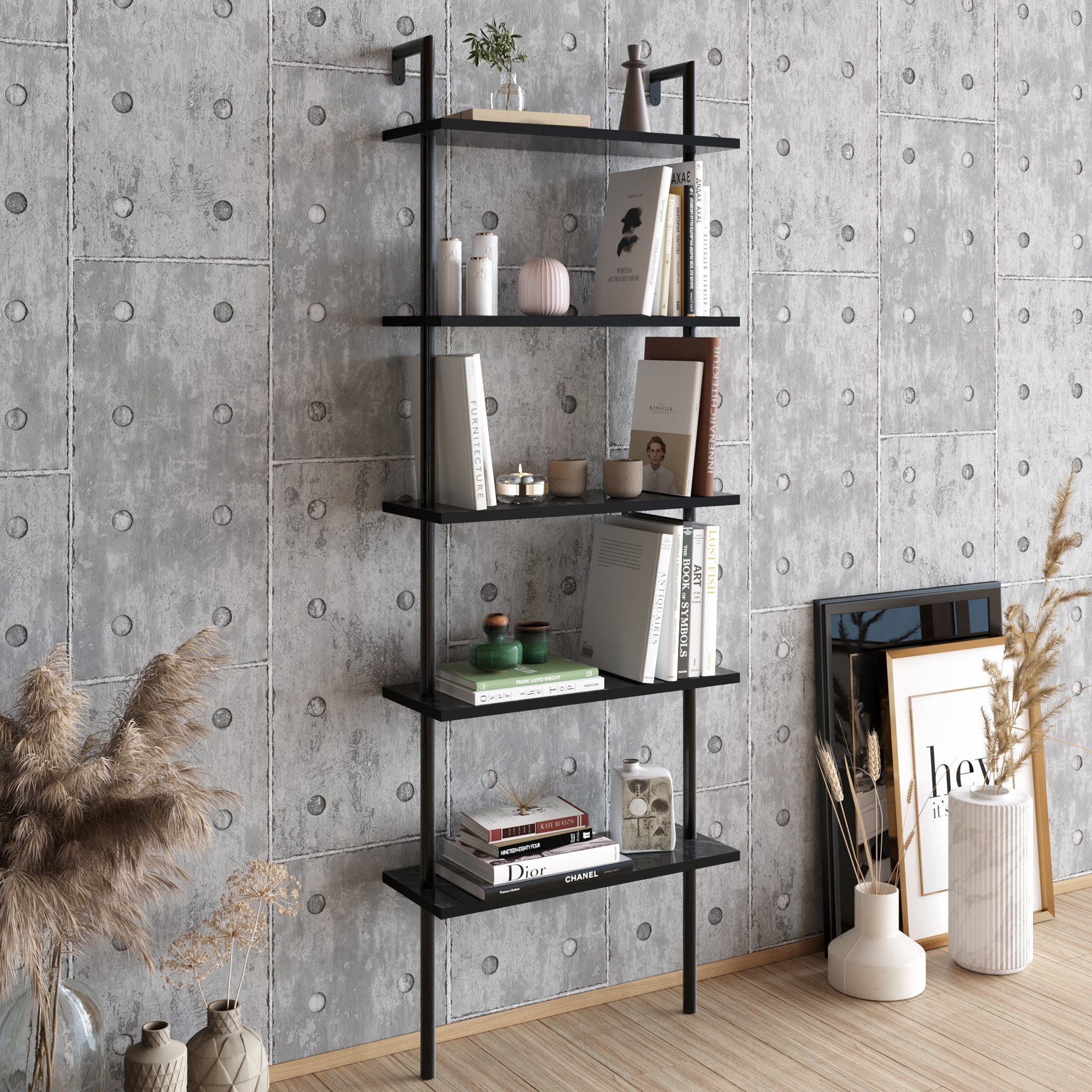 Estante industrial preta, 60 cm x 174 cm x 22 cm | Painel de partículas 100% revestido em melamina, 18 mm de espessura, pés de metal | Montável na parede, armazenamento elegante e funcional