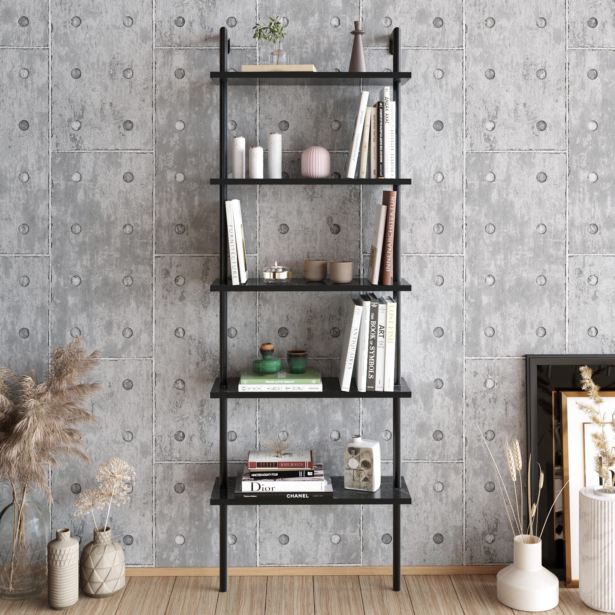 Estante industrial preta, 60 cm x 174 cm x 22 cm | Painel de partículas 100% revestido em melamina, 18 mm de espessura, pés de metal | Montável na parede, armazenamento elegante e funcional