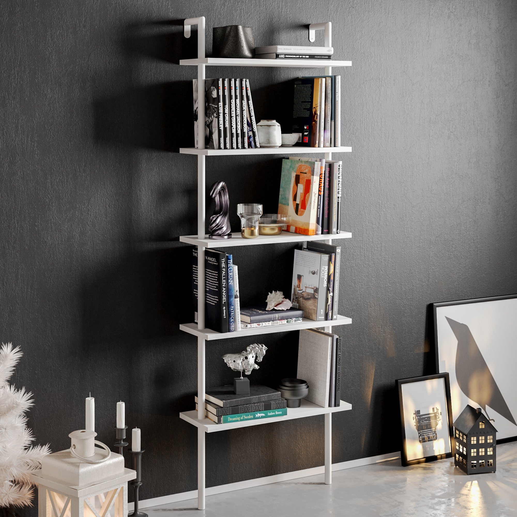 Estante estilo escandinavo, branca, 60 x 174 x 22 cm | Painel de partículas 100% revestido em melamina, 18 mm de espessura, pés de metal | Montável na parede, várias prateleiras