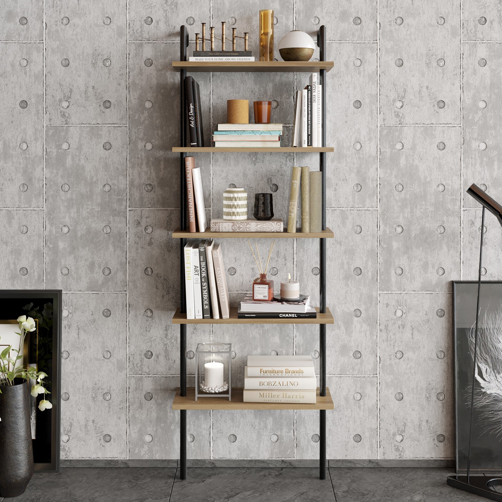 Estante industrial com pés de metal, nogueira e preta, 60 x 22 x 174 cm | 100% revestida em melamina, 18 mm de espessura, montável na parede, várias prateleiras