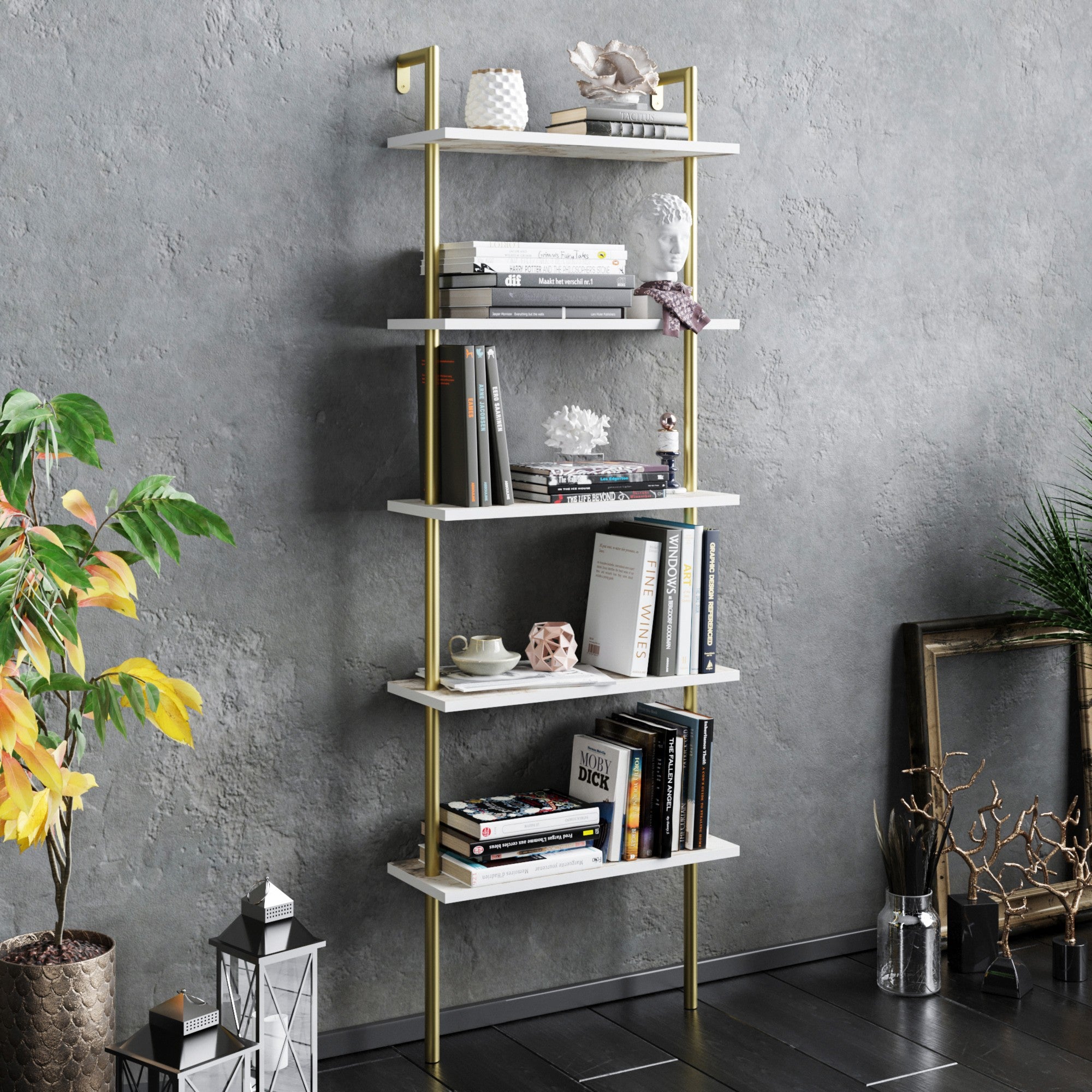 Estante Glamourosa com Pés de Metal, Branco e Dourado, 60 x 22 x 174 cm | 100% Revestimento em Melamina, 18 mm de Espessura | Montável na Parede, Design Elegante e Funcional