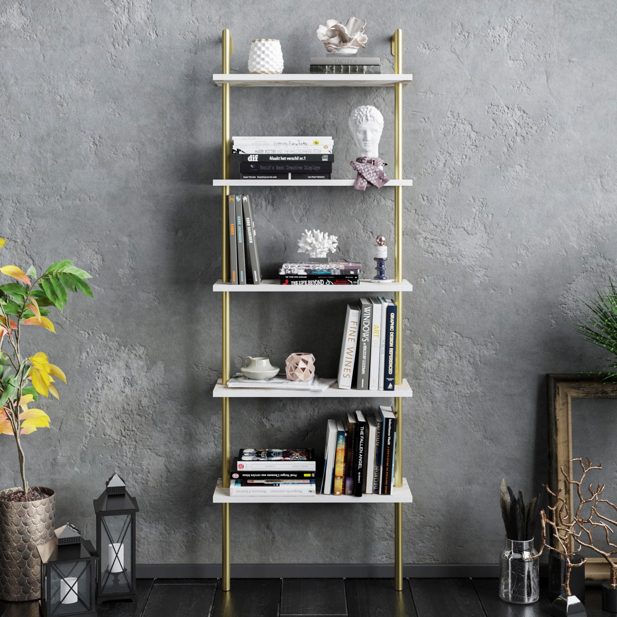 Estante Glamourosa com Pés de Metal, Branco e Dourado, 60 x 22 x 174 cm | 100% Revestimento em Melamina, 18 mm de Espessura | Montável na Parede, Design Elegante e Funcional