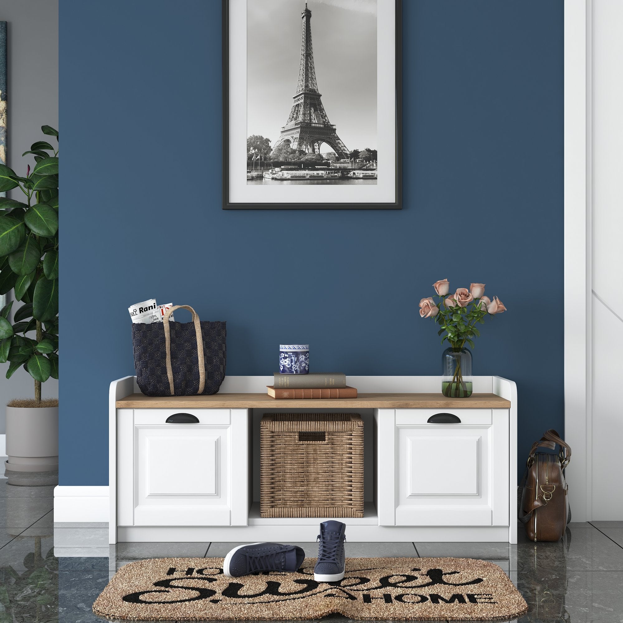 Sapateira moderna, branca e nogueira, 120 x 45 x 40 cm | Painel de partículas 100% revestido em melamina, portas em MDF de membrana | Amplo espaço de armazenamento com várias prateleiras