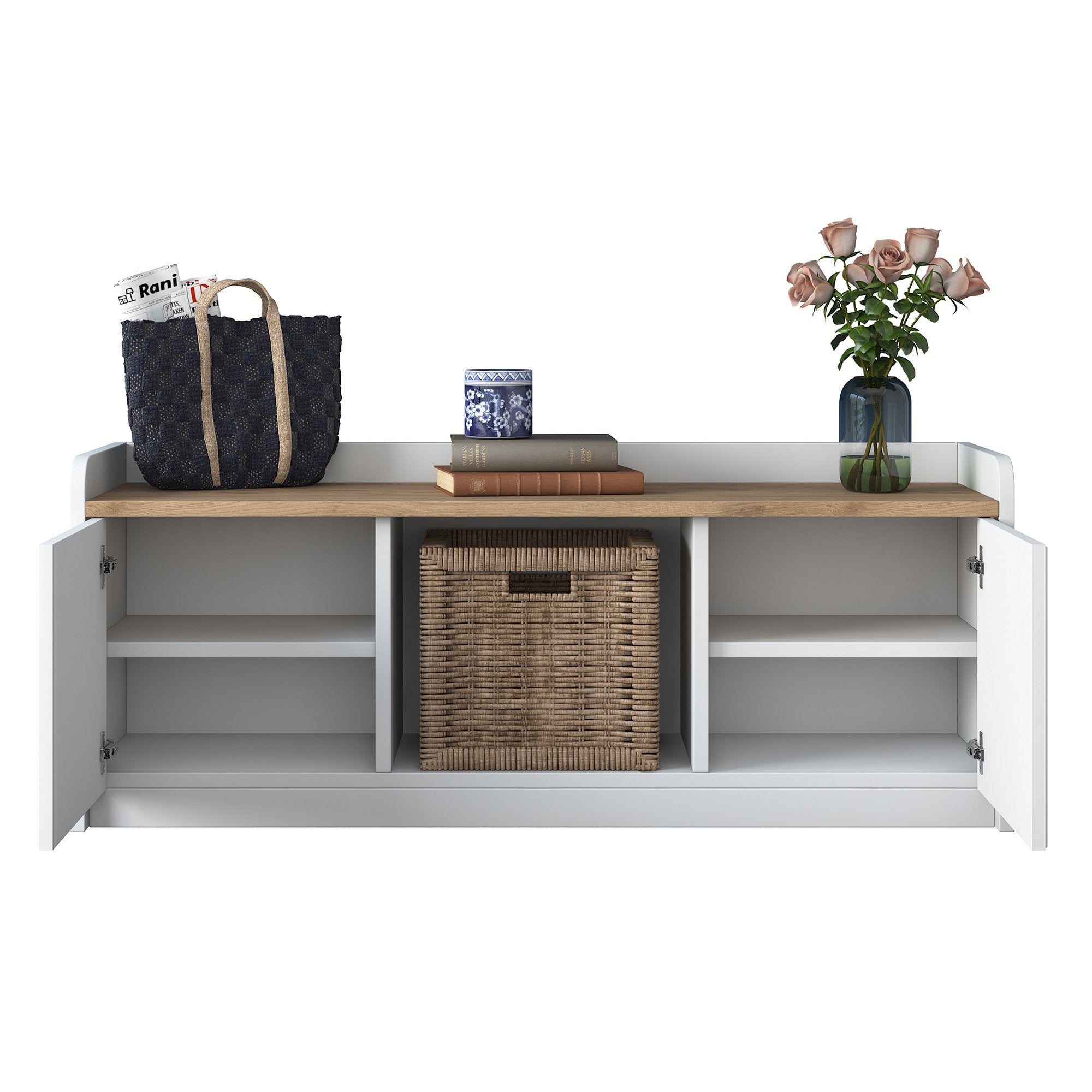 Sapateira moderna, branca e nogueira, 120 x 45 x 40 cm | Painel de partículas 100% revestido em melamina, portas em MDF de membrana | Amplo espaço de armazenamento com várias prateleiras