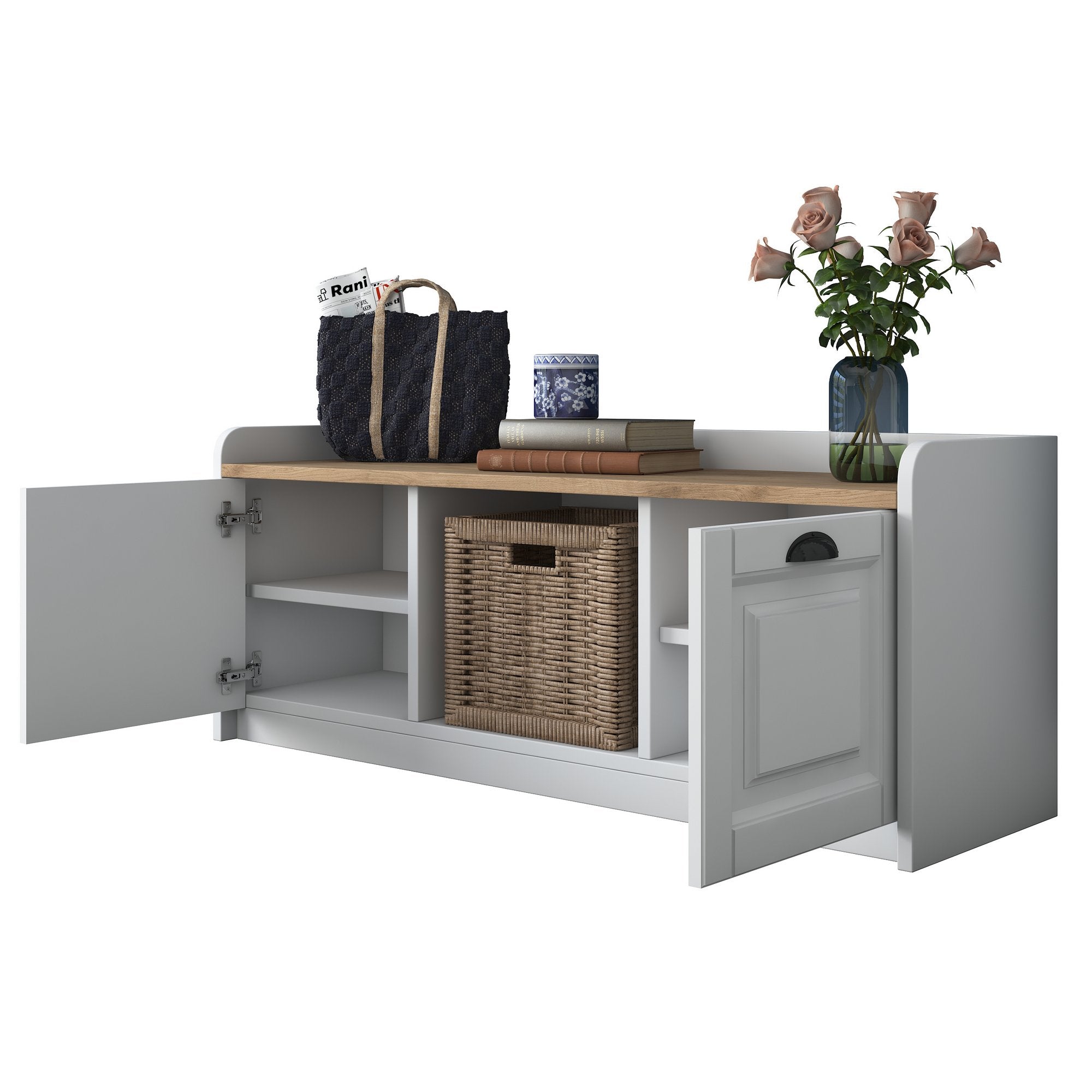 Sapateira moderna, branca e nogueira, 120 x 45 x 40 cm | Painel de partículas 100% revestido em melamina, portas em MDF de membrana | Amplo espaço de armazenamento com várias prateleiras
