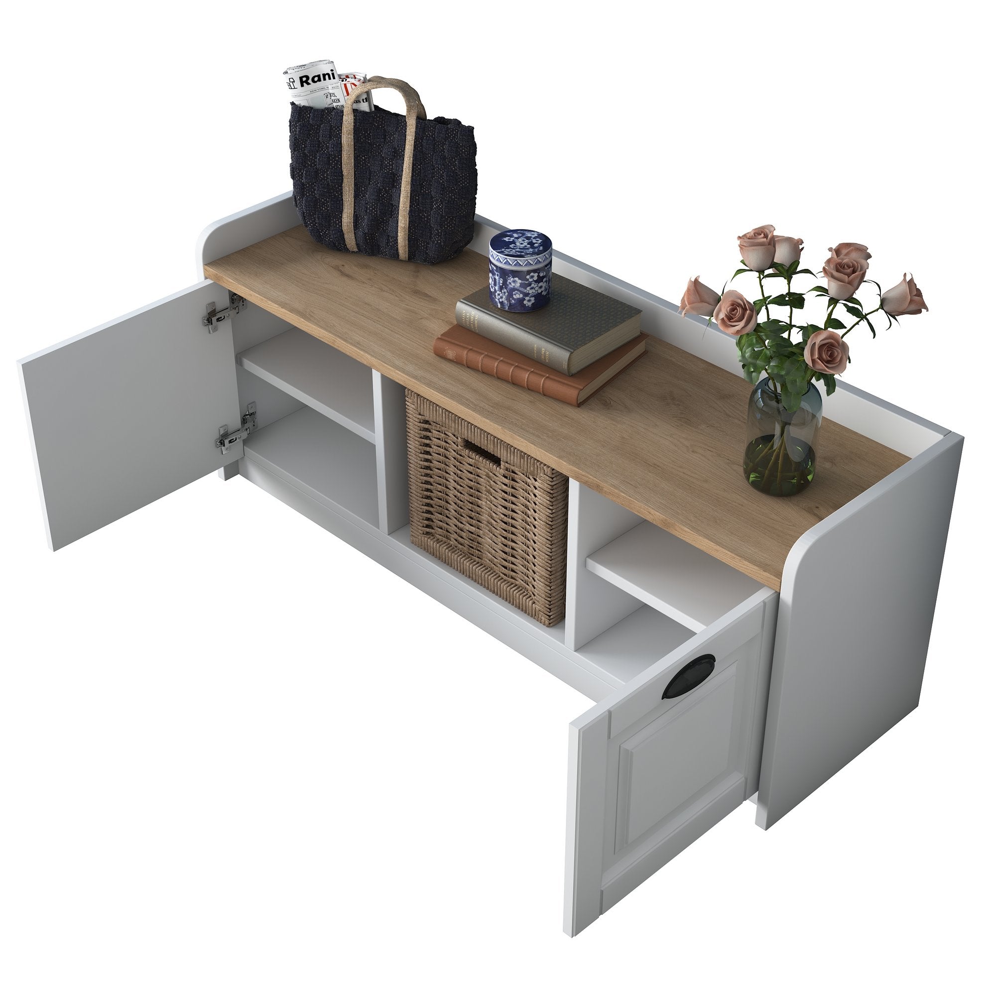 Sapateira moderna, branca e nogueira, 120 x 45 x 40 cm | Painel de partículas 100% revestido em melamina, portas em MDF de membrana | Amplo espaço de armazenamento com várias prateleiras