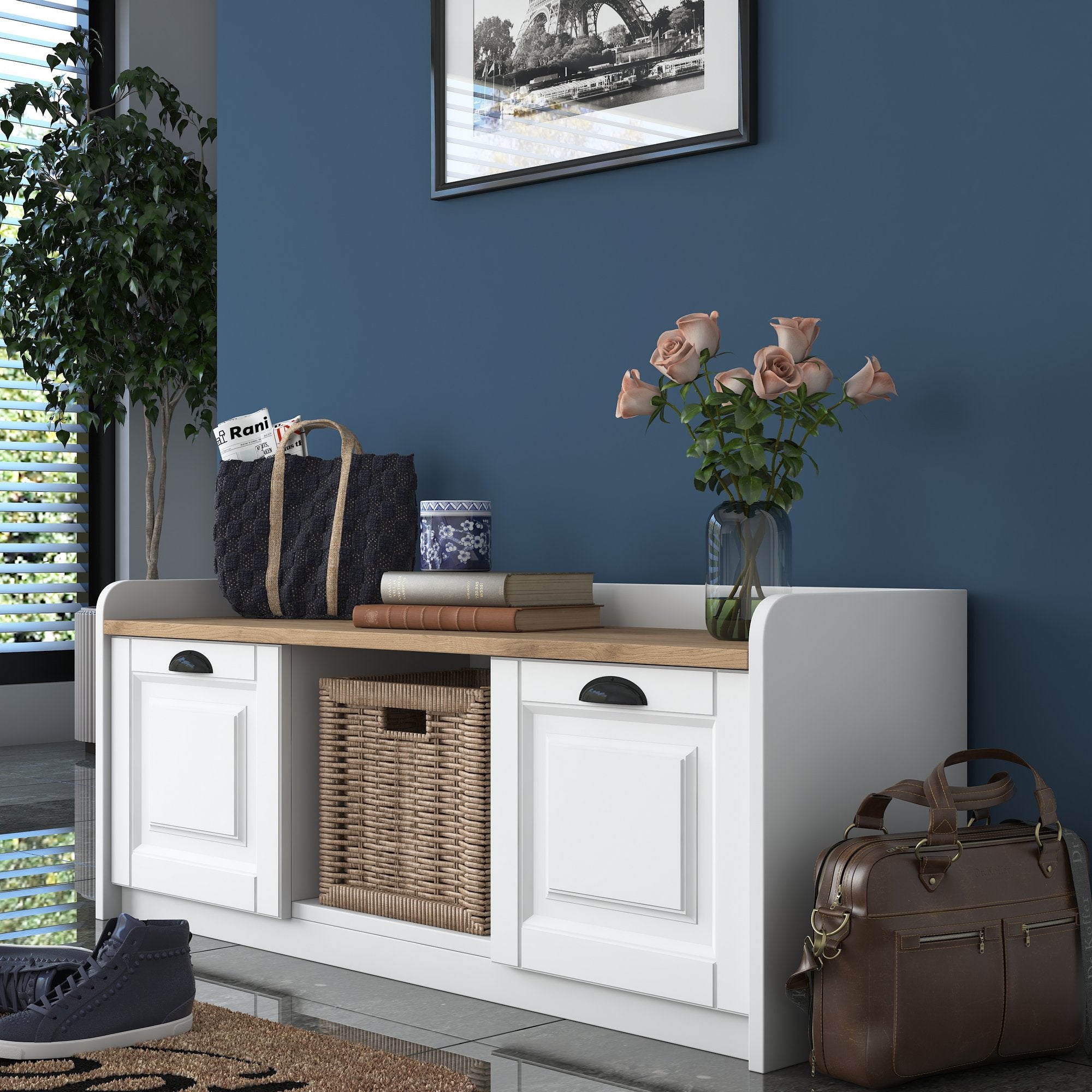 Sapateira moderna, branca e nogueira, 120 x 45 x 40 cm | Painel de partículas 100% revestido em melamina, portas em MDF de membrana | Amplo espaço de armazenamento com várias prateleiras