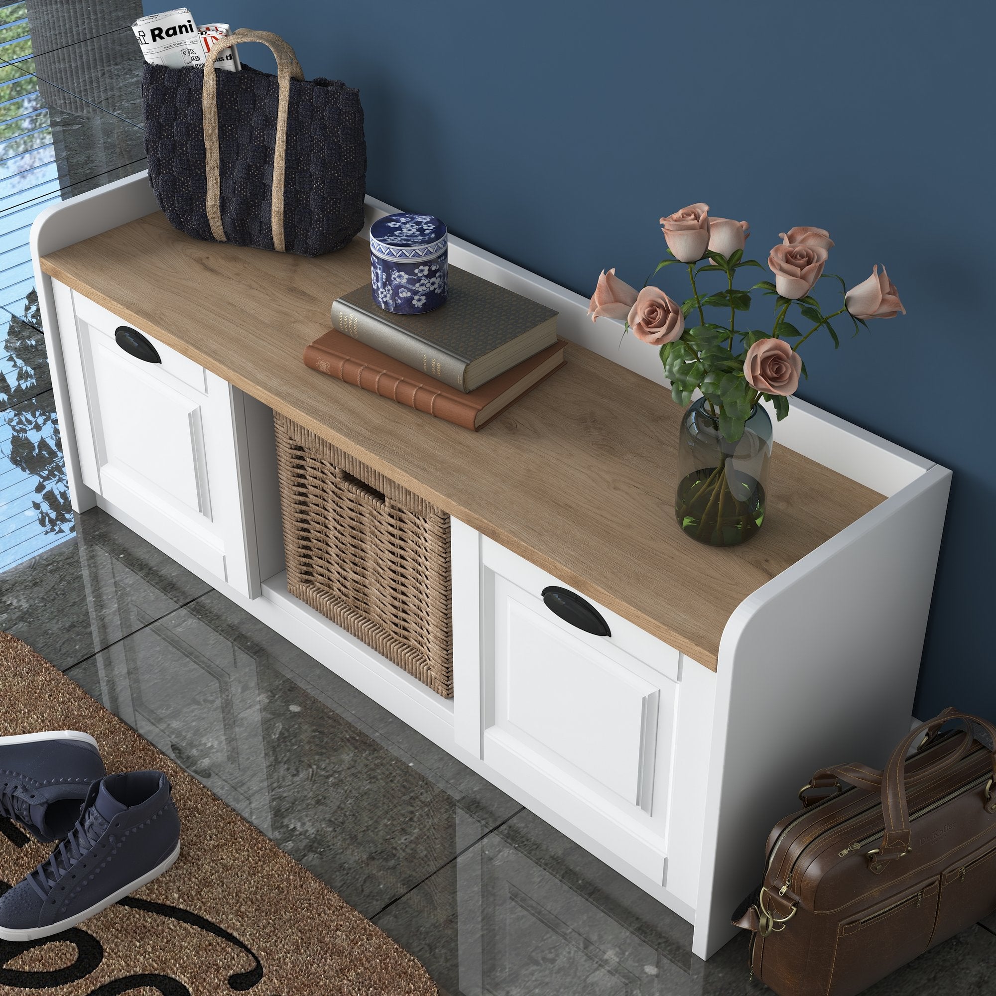 Sapateira moderna, branca e nogueira, 120 x 45 x 40 cm | Painel de partículas 100% revestido em melamina, portas em MDF de membrana | Amplo espaço de armazenamento com várias prateleiras
