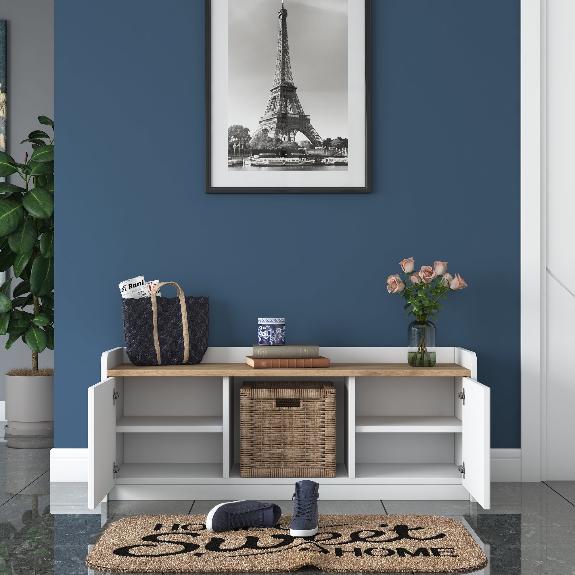 Sapateira moderna, branca e nogueira, 120 x 45 x 40 cm | Painel de partículas 100% revestido em melamina, portas em MDF de membrana | Amplo espaço de armazenamento com várias prateleiras
