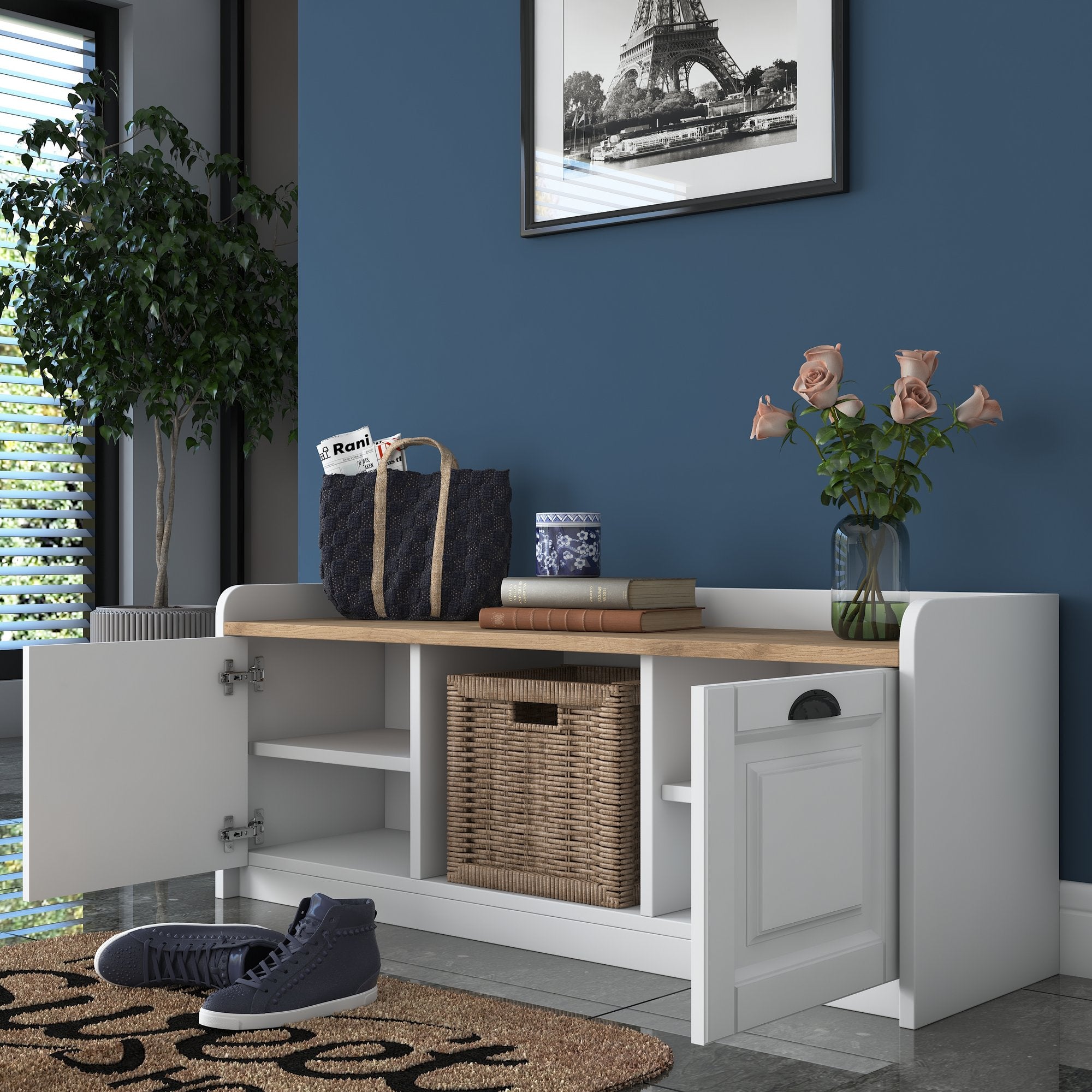 Sapateira moderna, branca e nogueira, 120 x 45 x 40 cm | Painel de partículas 100% revestido em melamina, portas em MDF de membrana | Amplo espaço de armazenamento com várias prateleiras