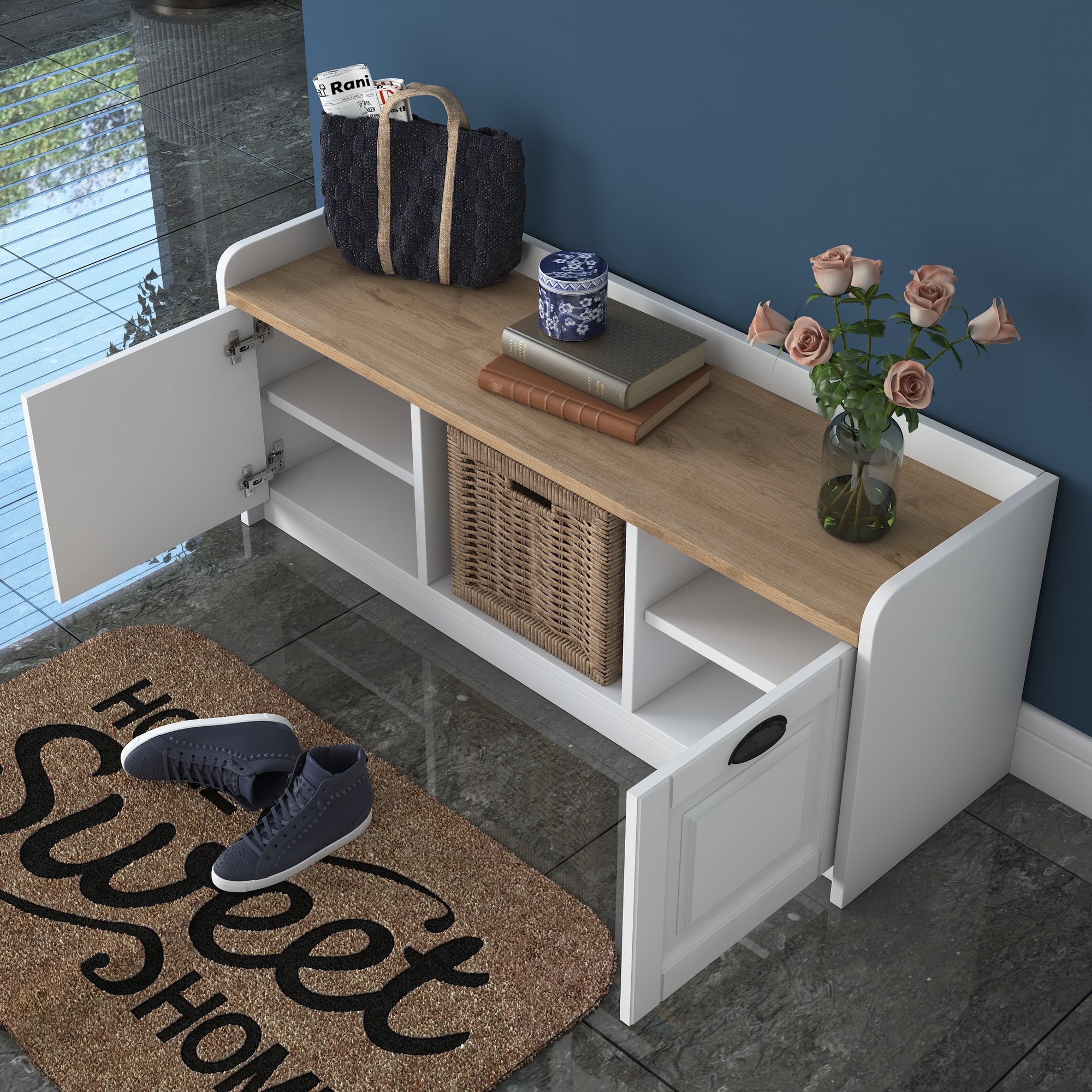 Sapateira moderna, branca e nogueira, 120 x 45 x 40 cm | Painel de partículas 100% revestido em melamina, portas em MDF de membrana | Amplo espaço de armazenamento com várias prateleiras