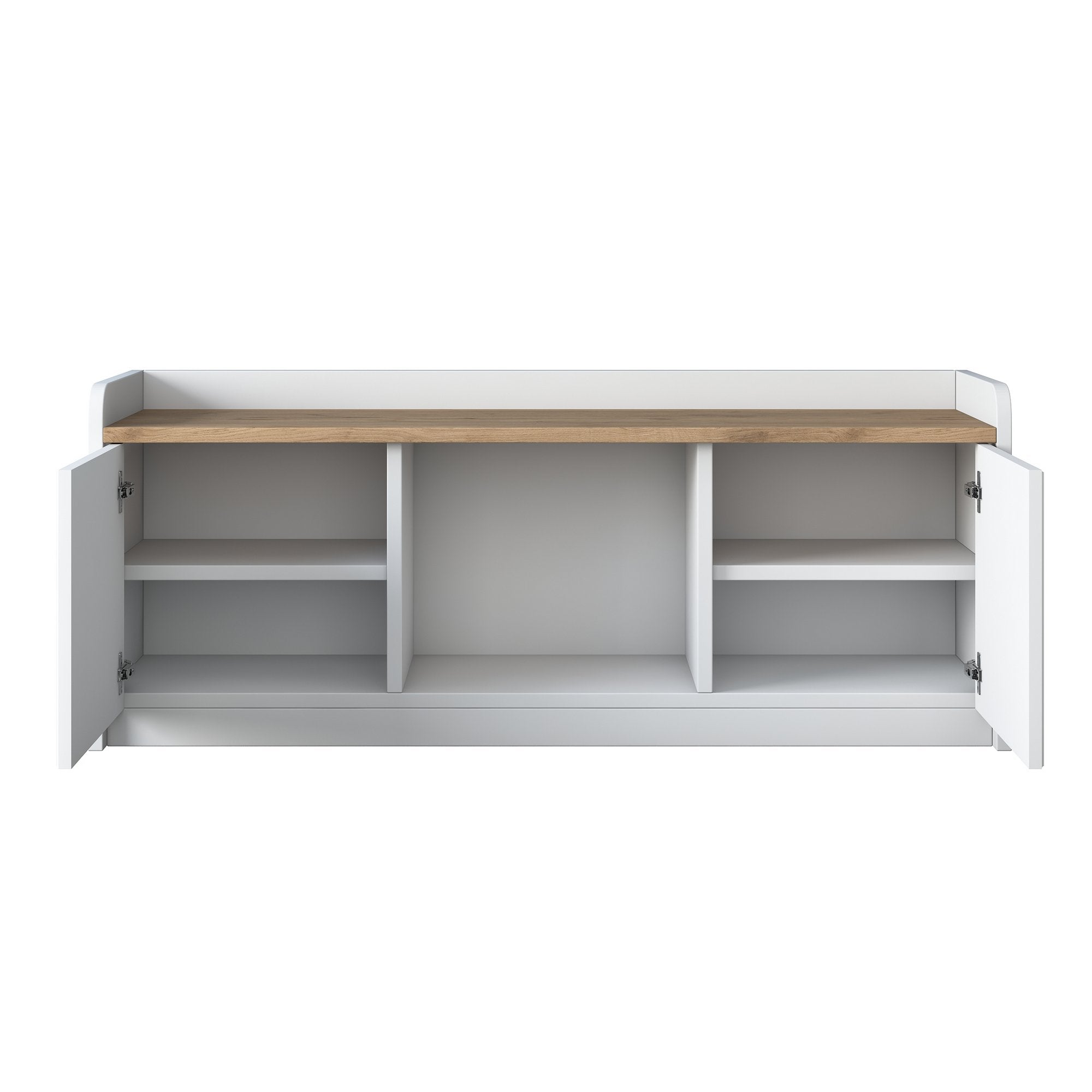 Sapateira moderna, branca e nogueira, 120 x 45 x 40 cm | Painel de partículas 100% revestido em melamina, portas em MDF de membrana | Amplo espaço de armazenamento com várias prateleiras