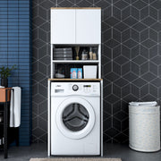 Armário moderno para máquina de lavar, branco e nogueira, 65 x 183,6 x 60 cm | 100% revestido em melamina, 18 mm de espessura | Solução de armazenamento elegante e fixável na parede