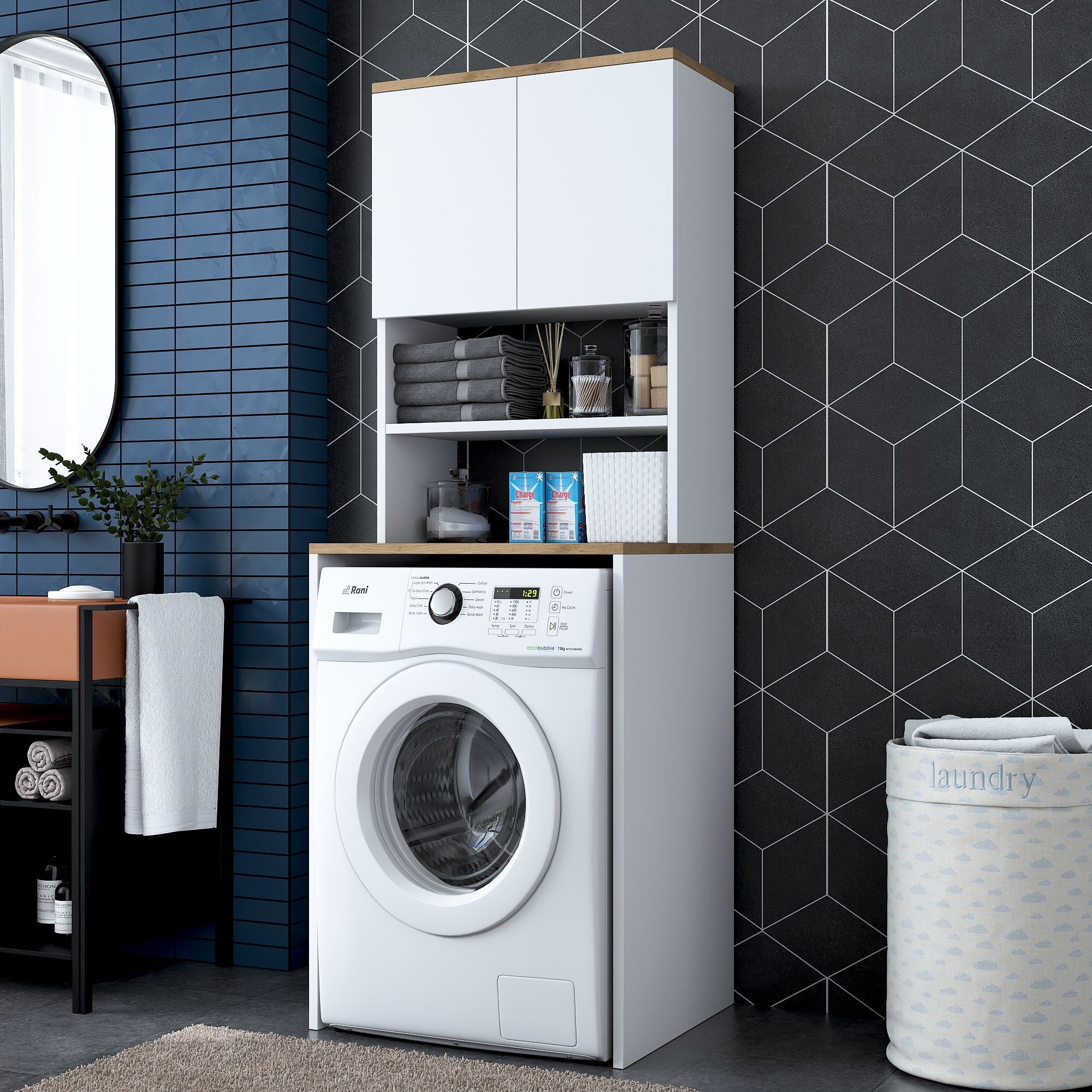 Armário moderno para máquina de lavar, branco e nogueira, 65 x 183,6 x 60 cm | 100% revestido em melamina, 18 mm de espessura | Solução de armazenamento elegante e fixável na parede