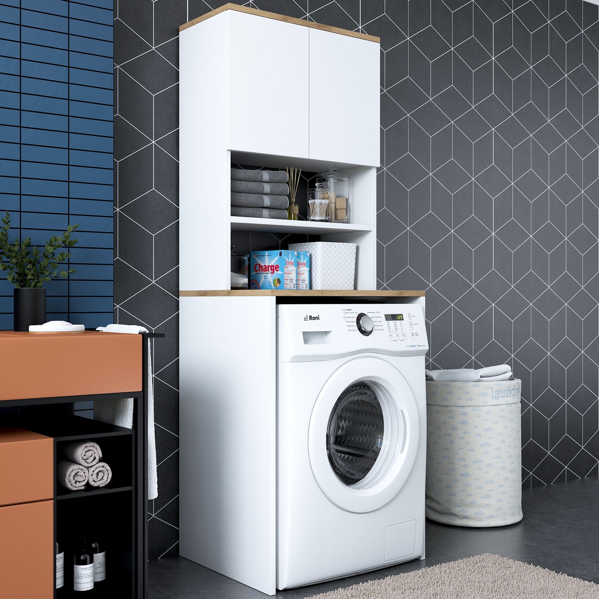 Armário moderno para máquina de lavar, branco e nogueira, 65 x 183,6 x 60 cm | 100% revestido em melamina, 18 mm de espessura | Solução de armazenamento elegante e fixável na parede