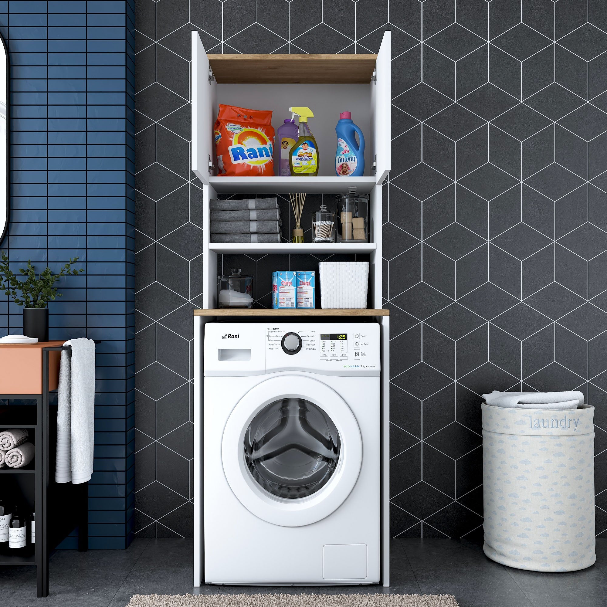 Armário moderno para máquina de lavar, branco e nogueira, 65 x 183,6 x 60 cm | 100% revestido em melamina, 18 mm de espessura | Solução de armazenamento elegante e fixável na parede